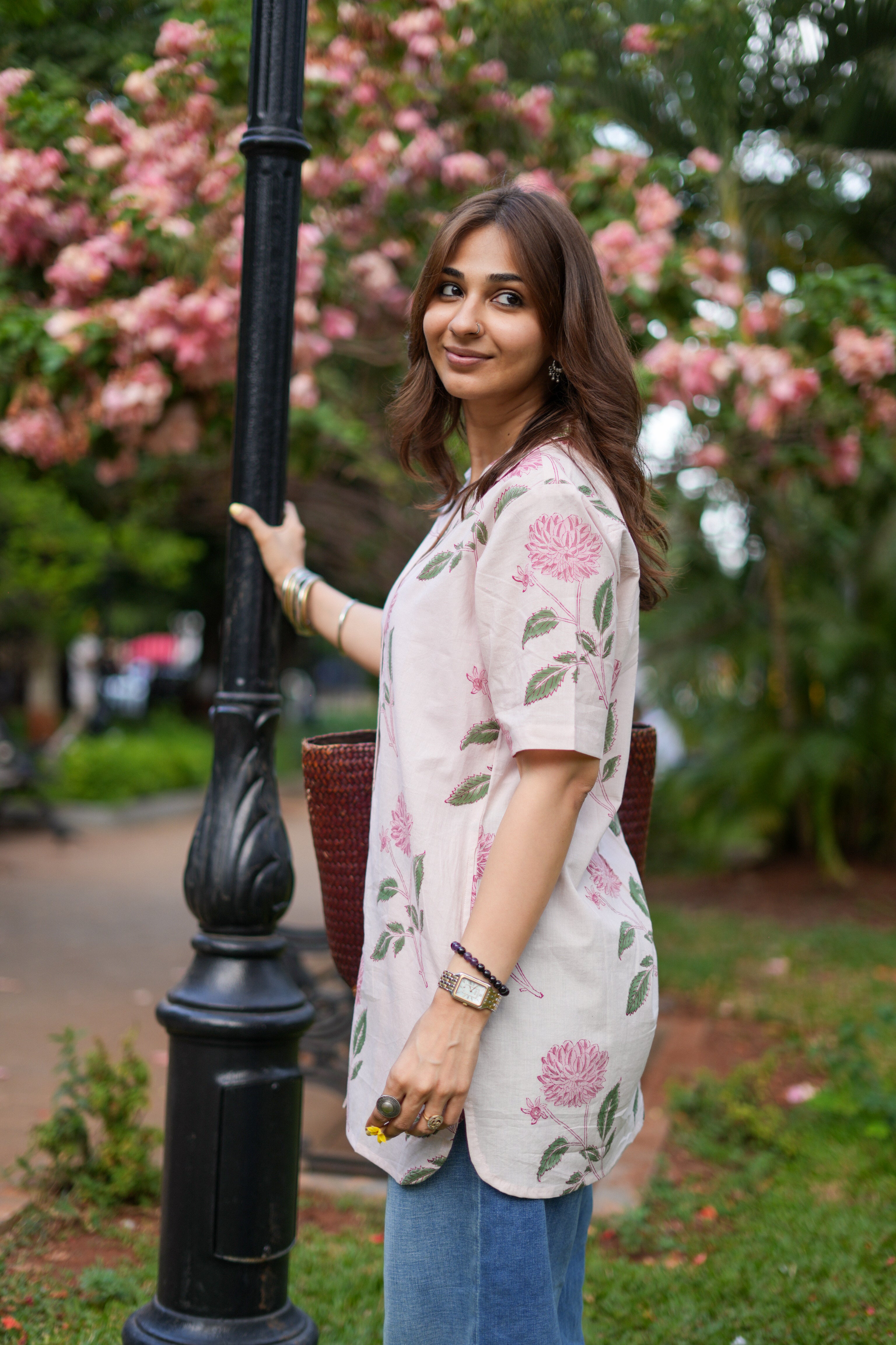 Pink Blossom Handblock Cotton Shirt Kurti