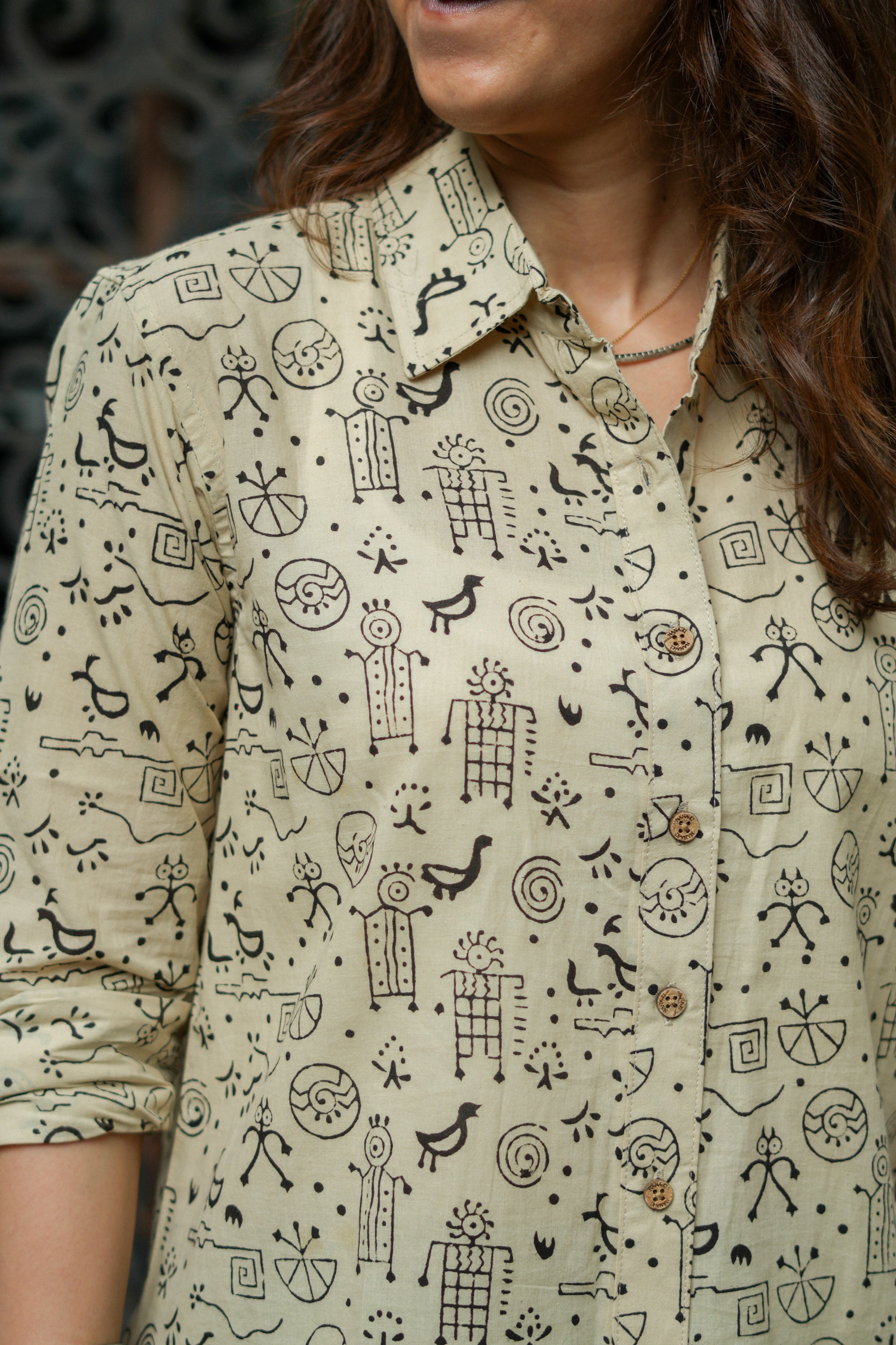 Beige Black Warli Art Handblock Cotton Shirt