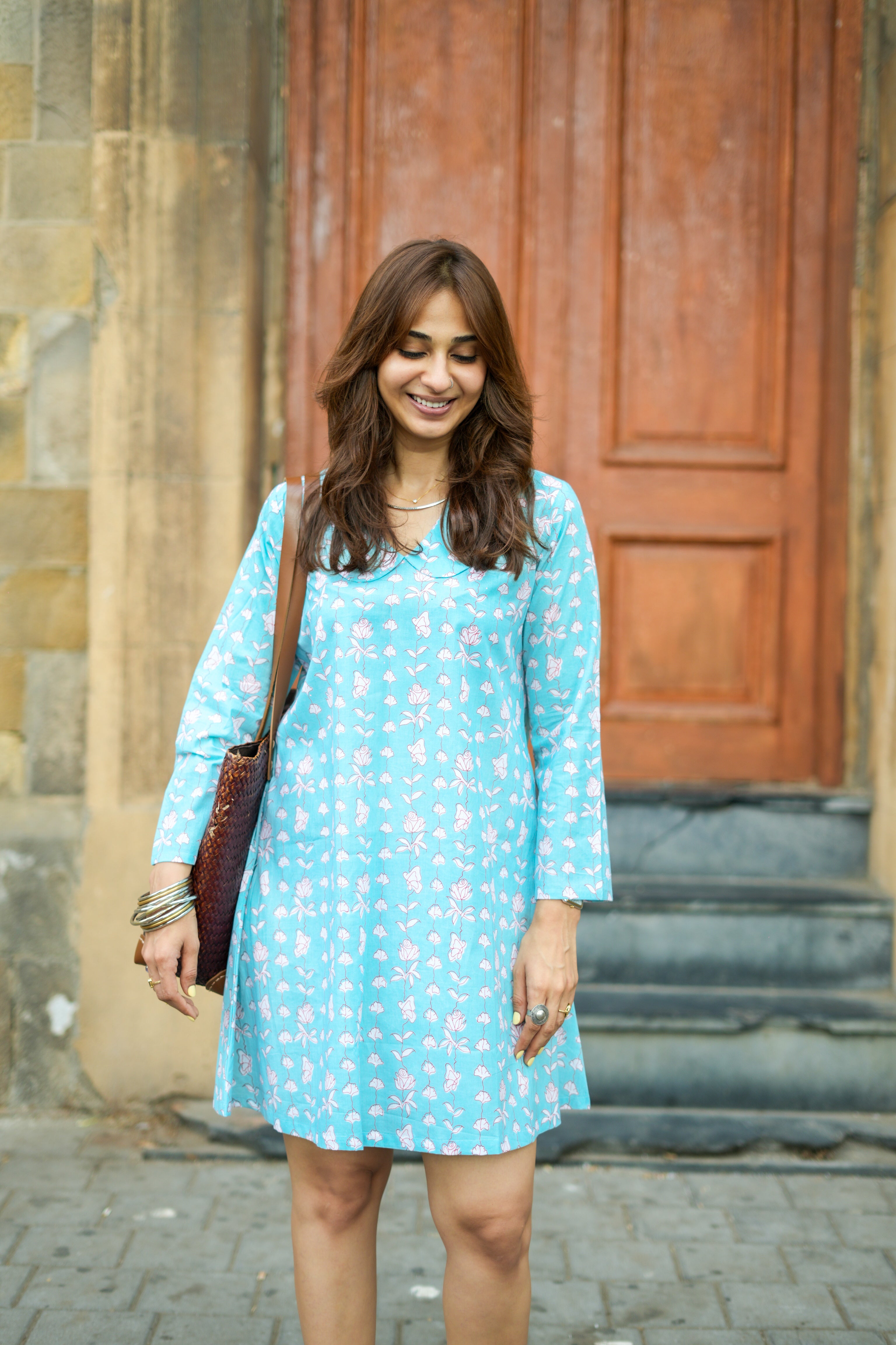 Sky Blue Floral Handblock Cotton A Line Dress