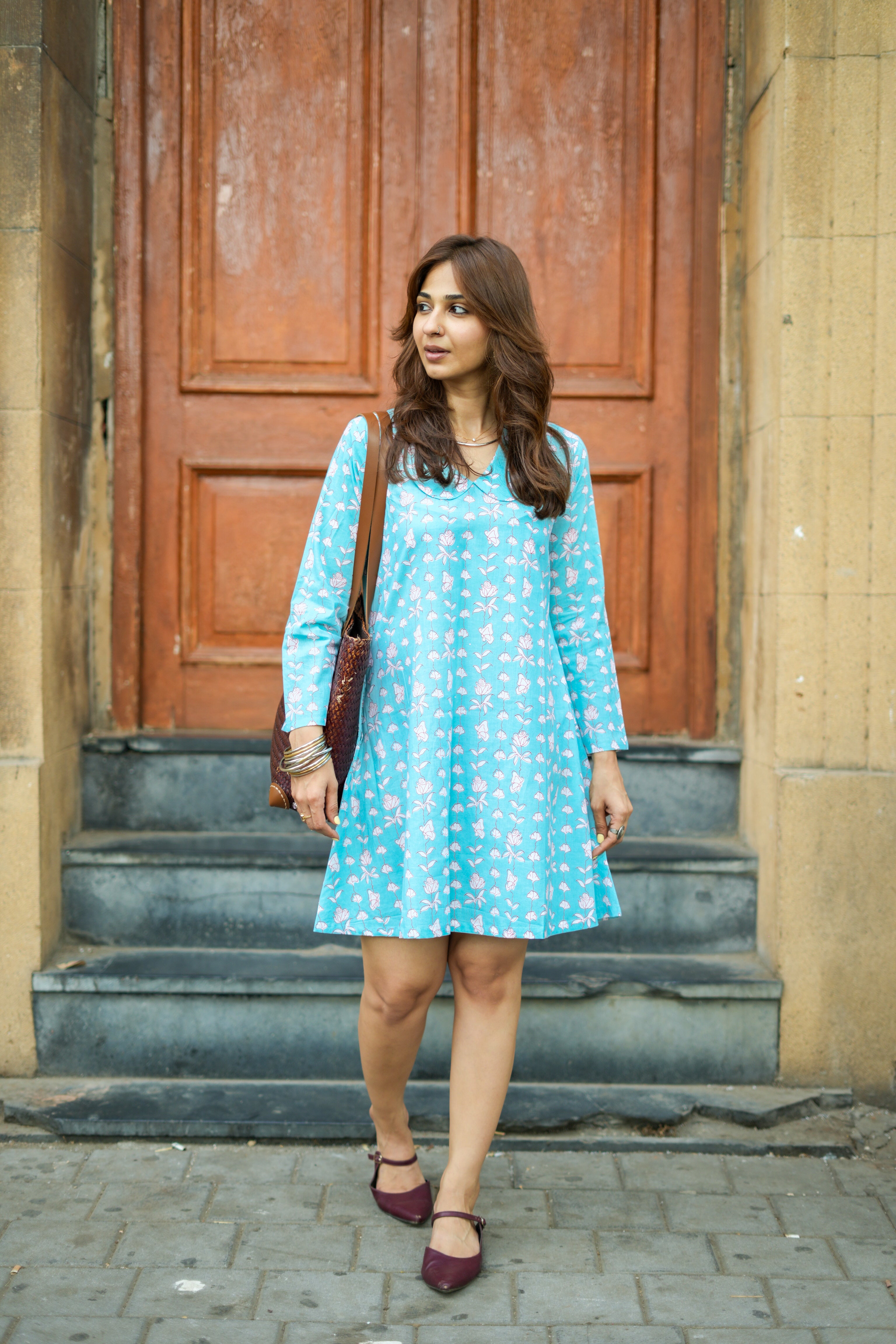 Sky Blue Floral Handblock Cotton A Line Dress