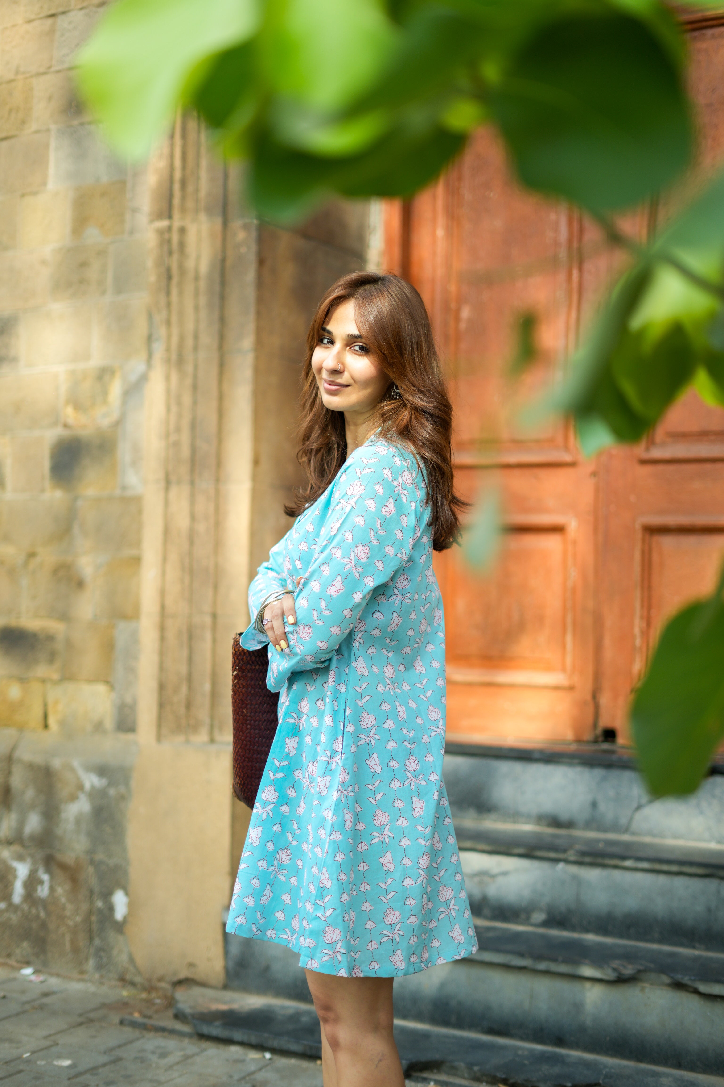 Sky Blue Floral Handblock Cotton A Line Dress