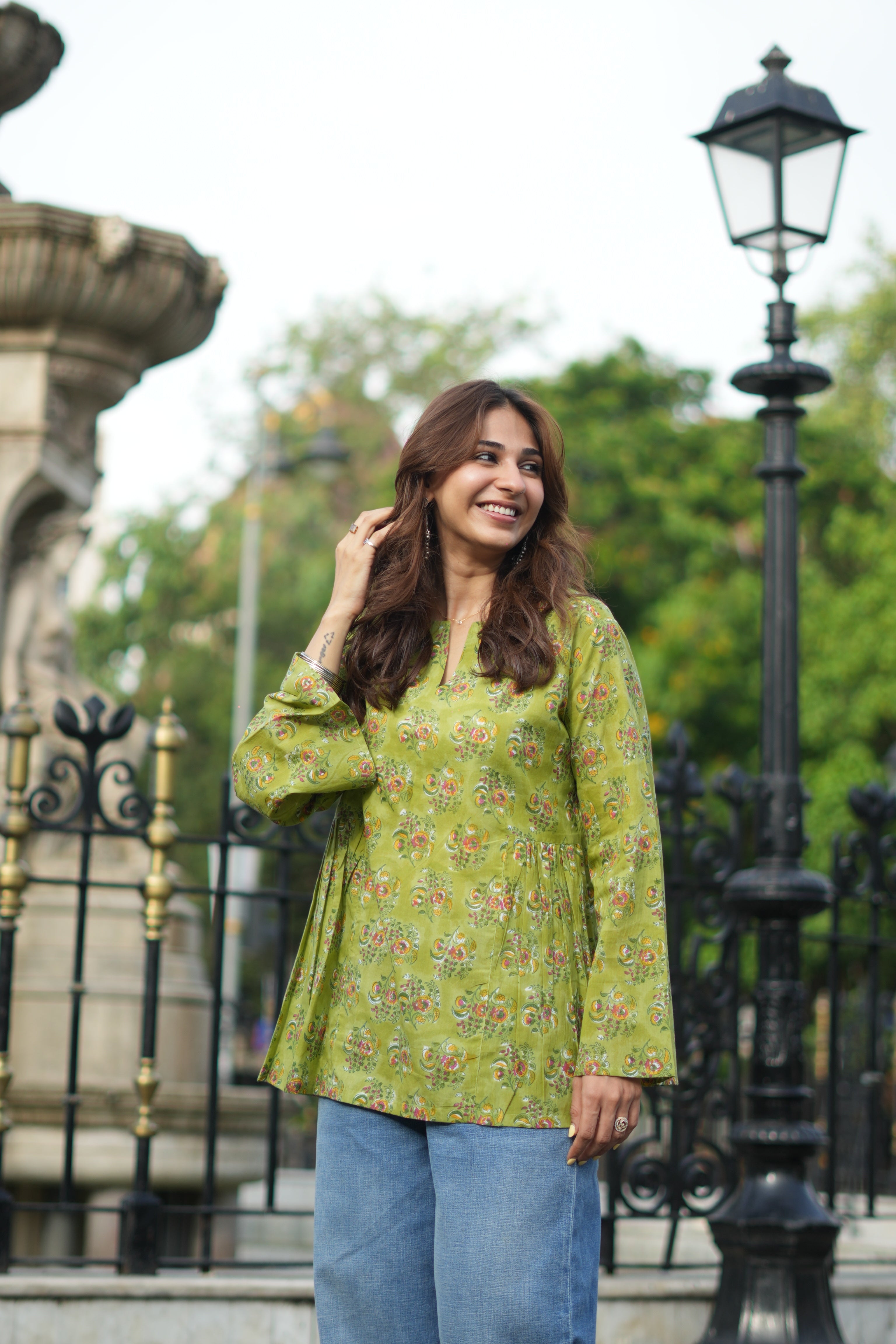 Bagru Greens Bell Sleeves Cotton Short Top