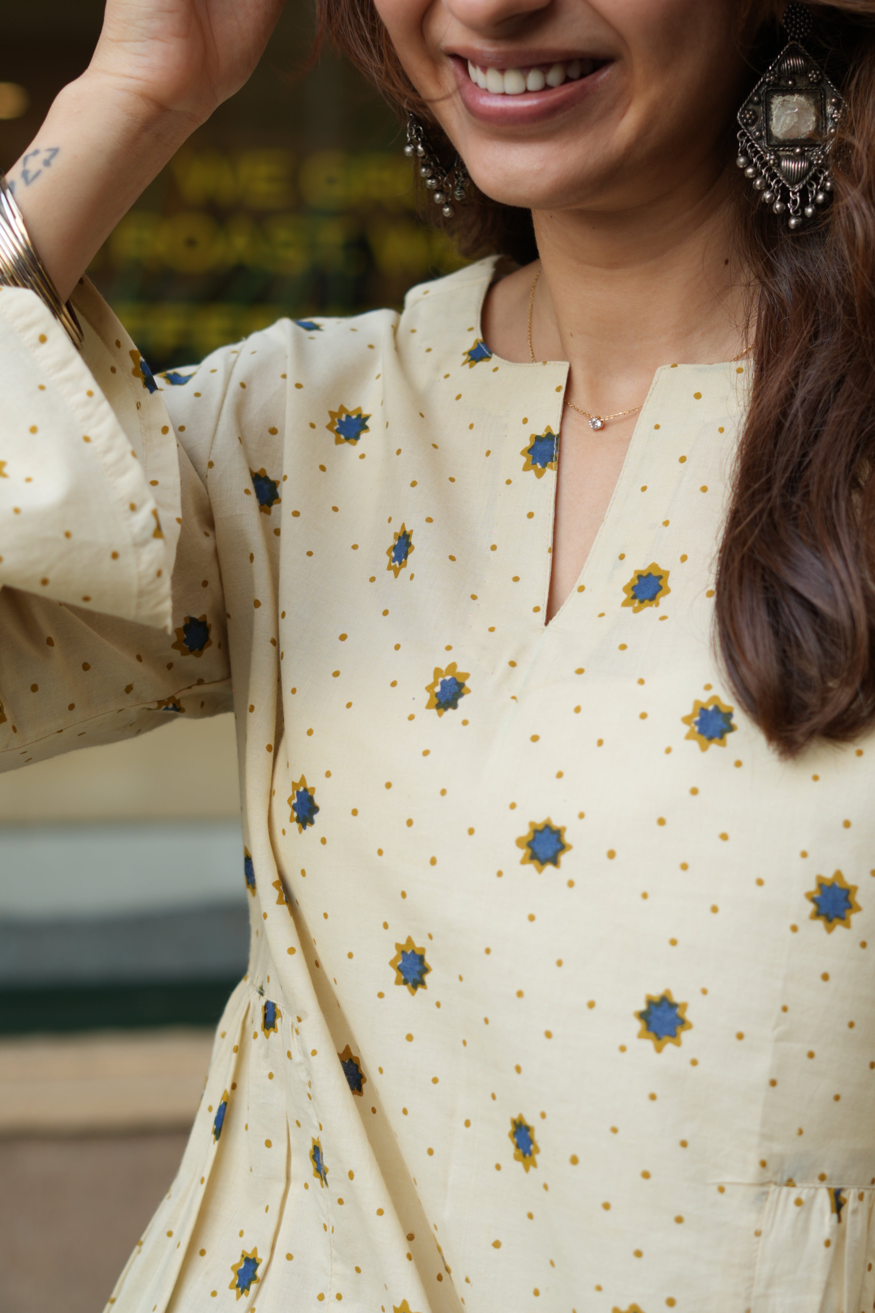 Cream Bagru Star Bell Sleeves Cotton Short Top