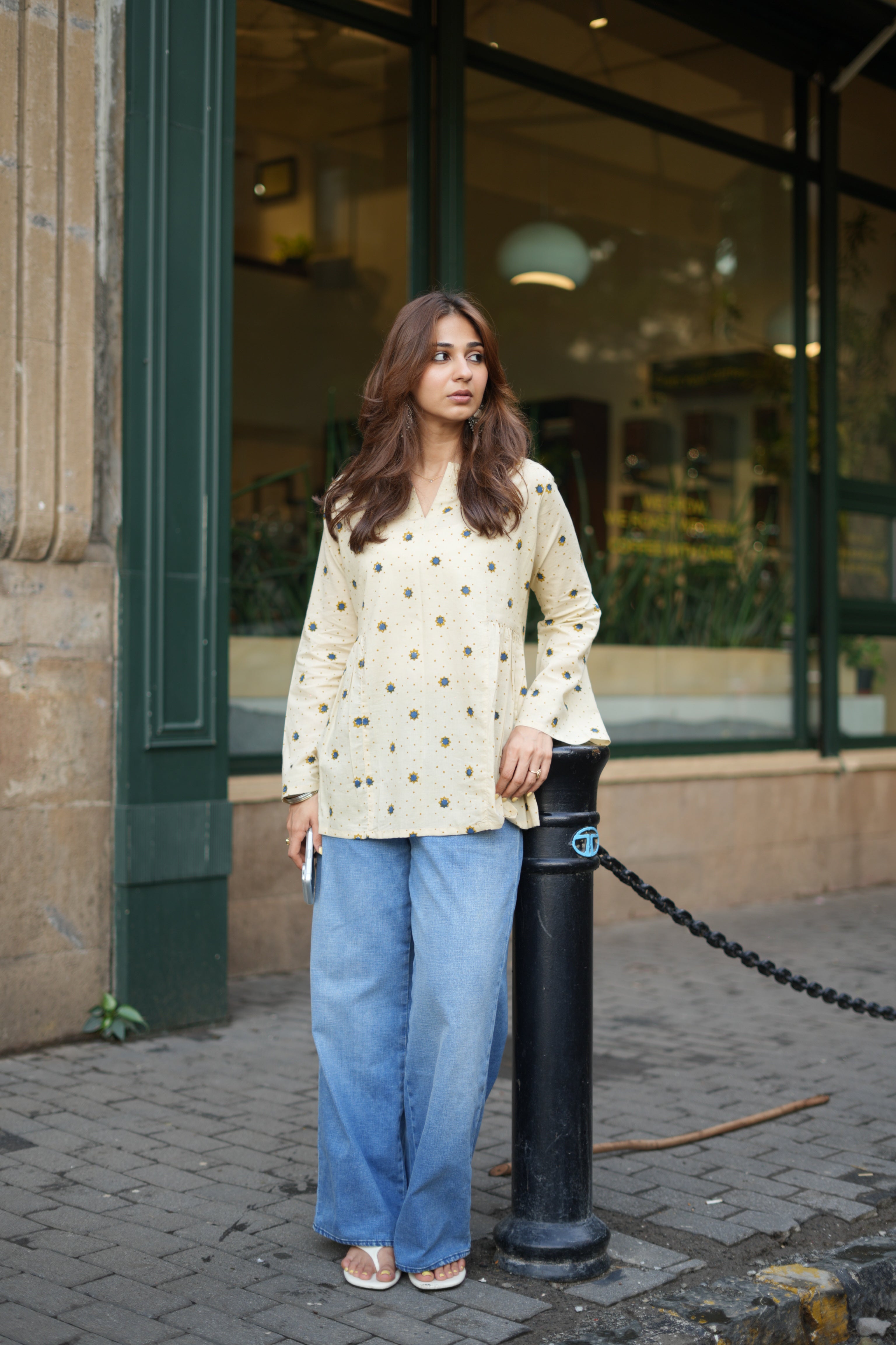 Cream Bagru Star Bell Sleeves Cotton Short Top