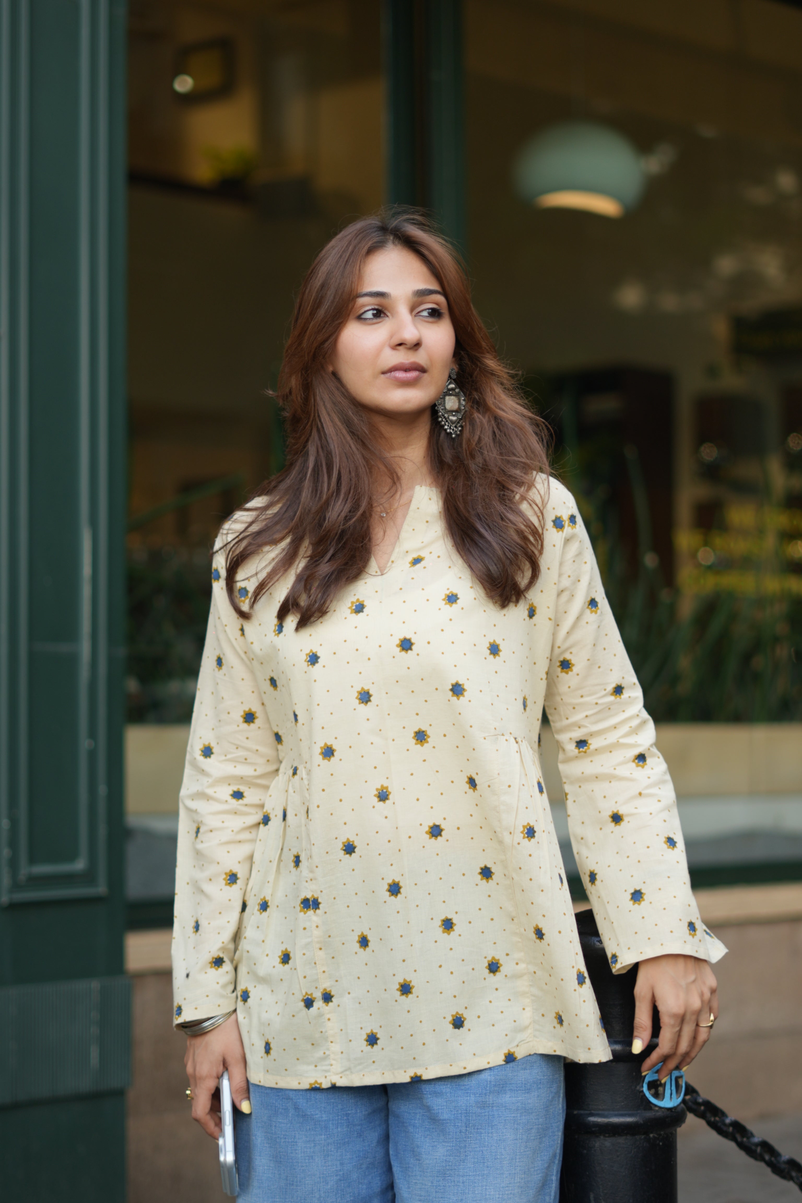 Cream Bagru Star Bell Sleeves Cotton Short Top