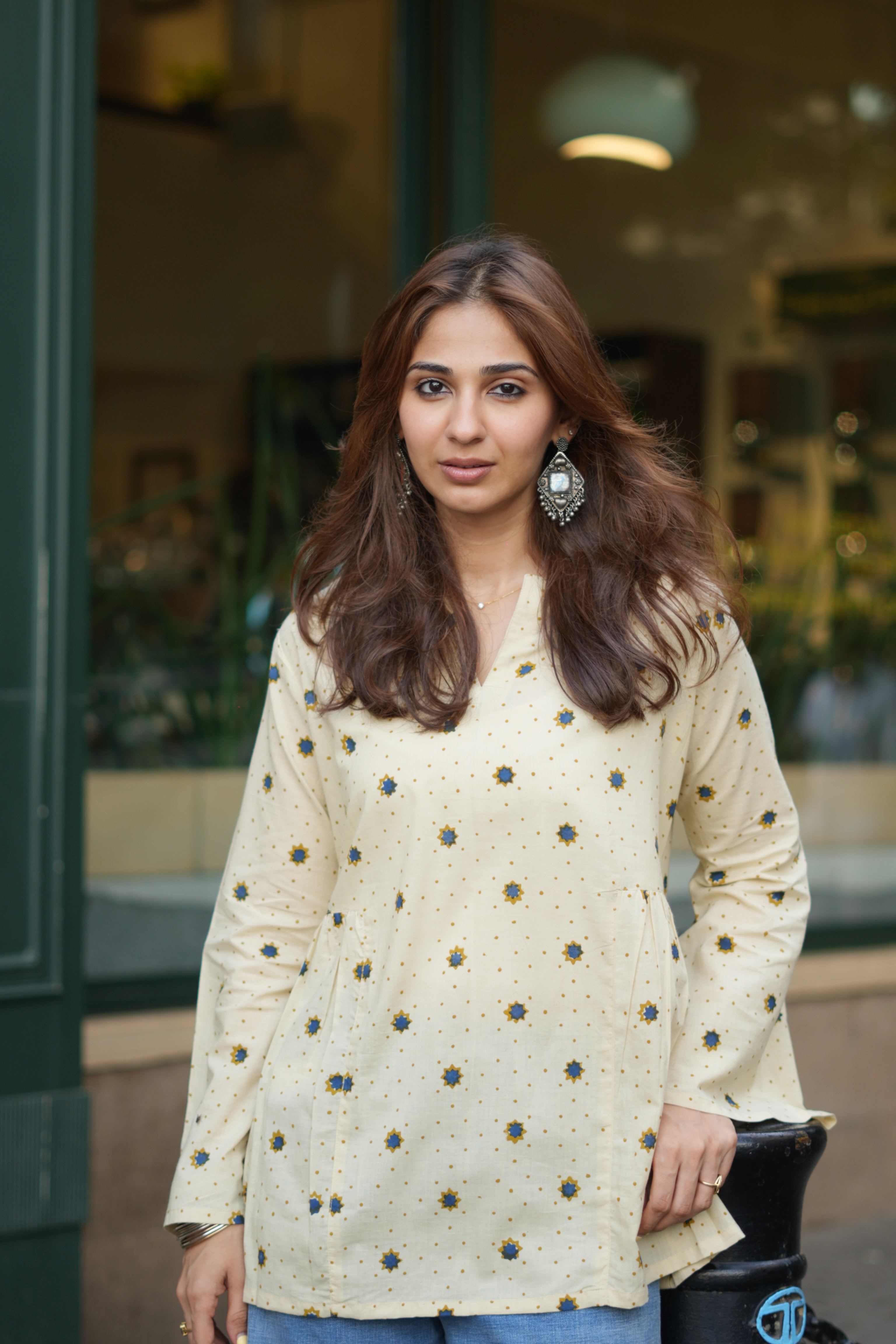 Cream Bagru Star Bell Sleeves Cotton Short Top