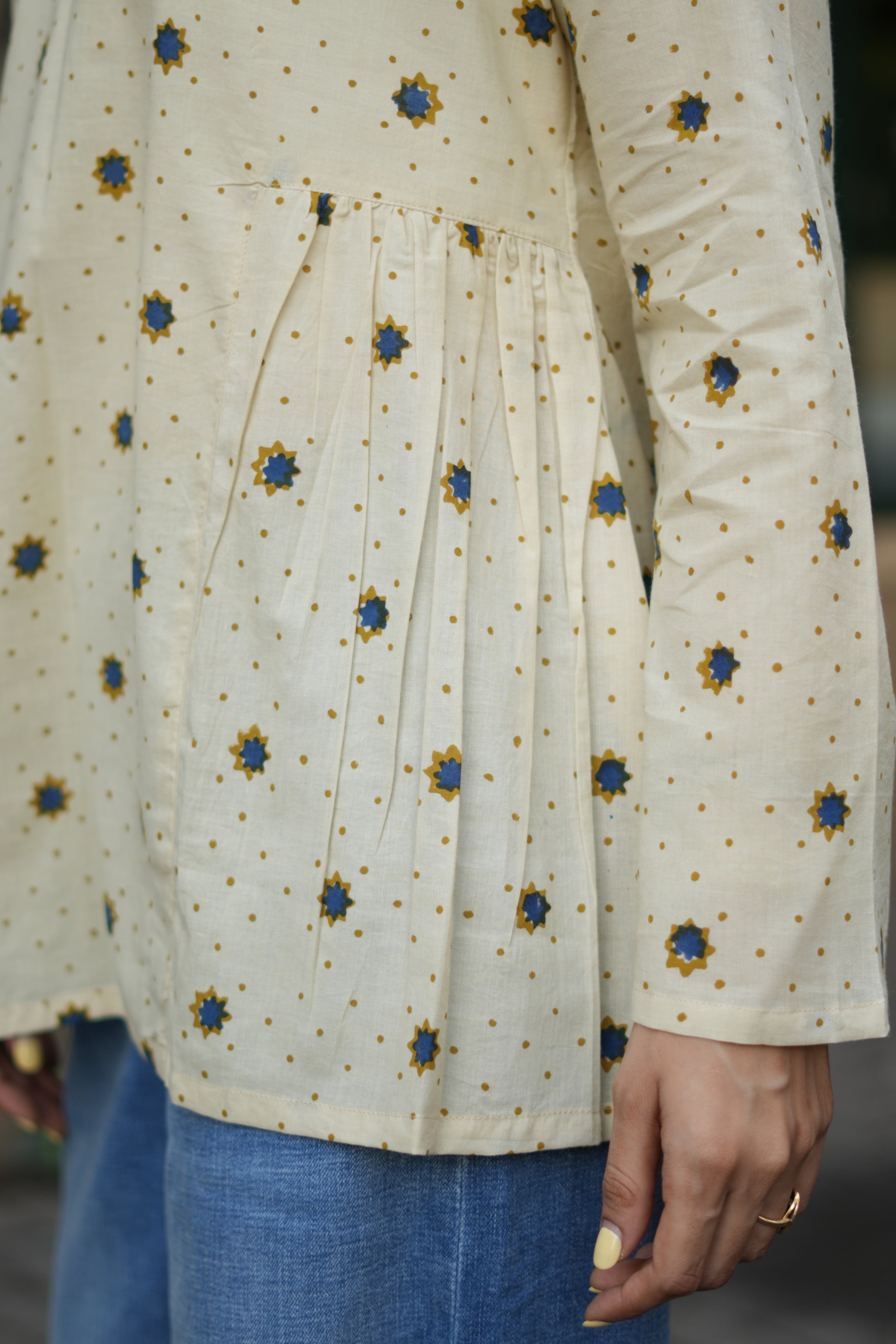 Cream Bagru Star Bell Sleeves Cotton Short Top