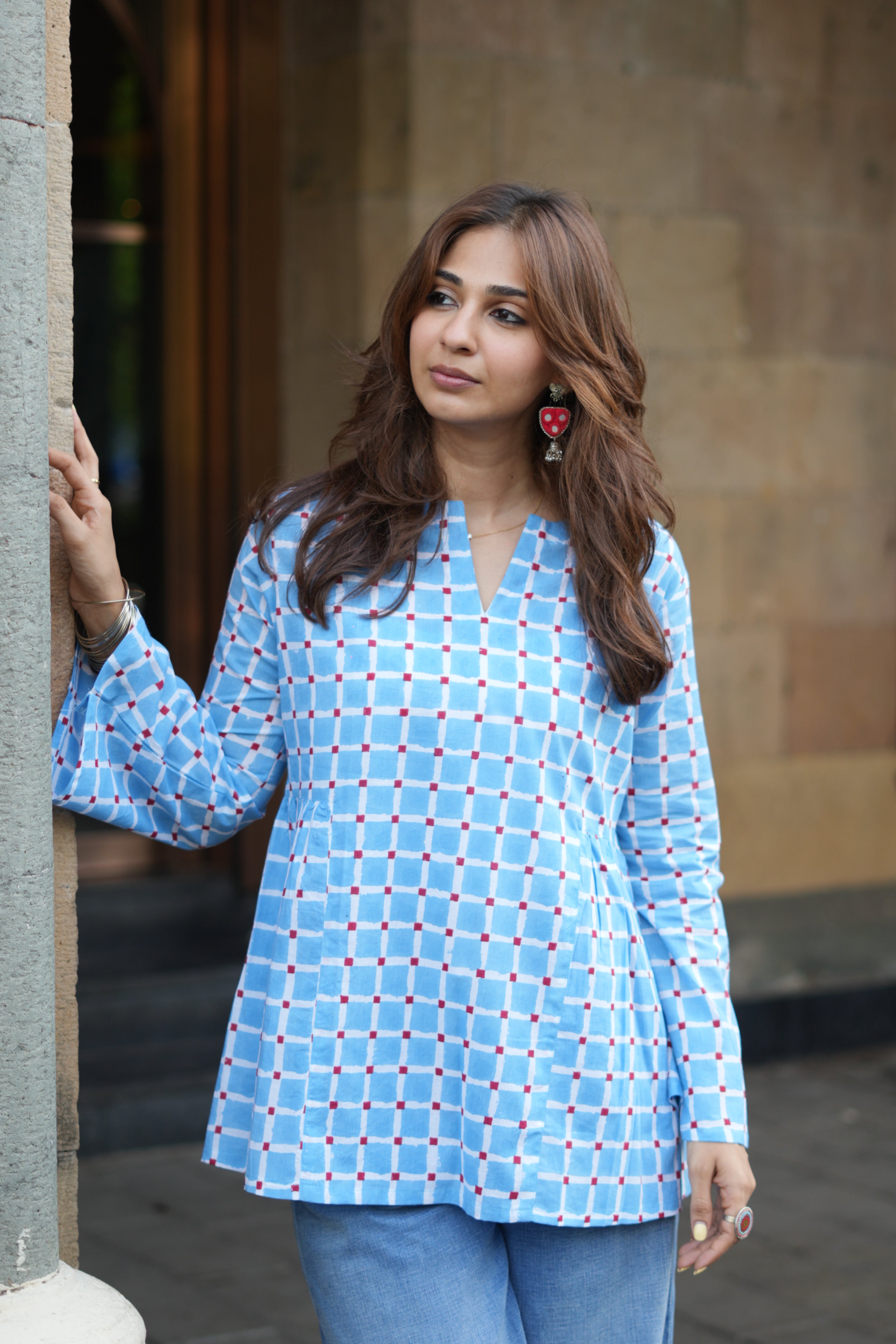 Sanganeri Square Bell Sleeves Cotton Short Top