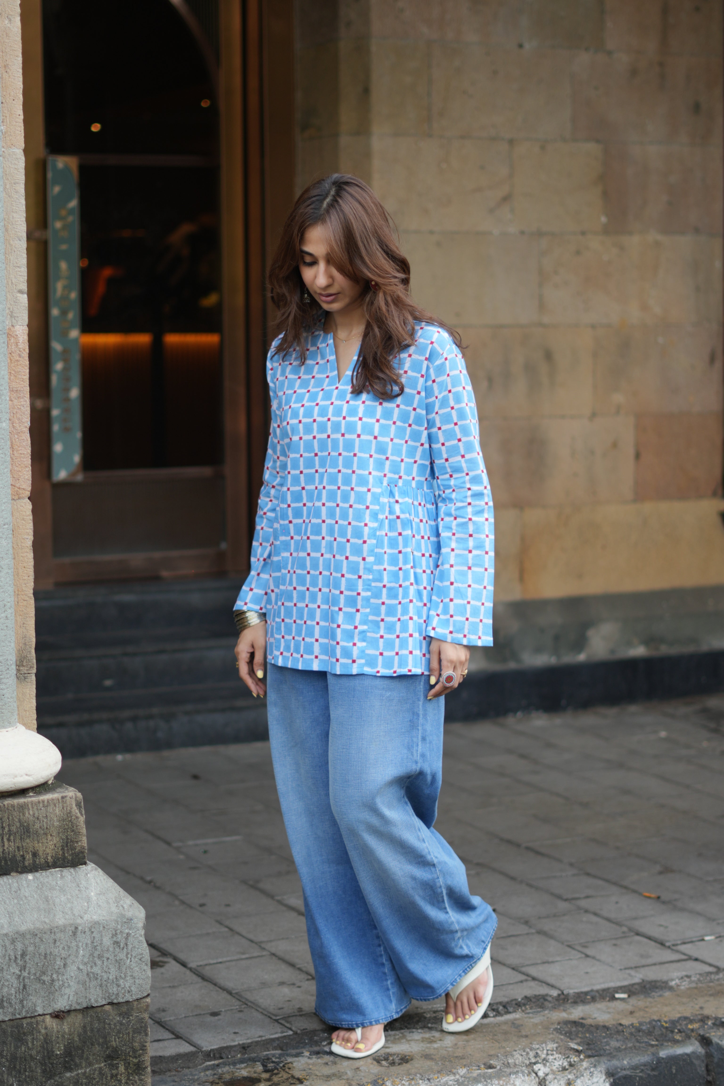 Sanganeri Square Bell Sleeves Cotton Short Top