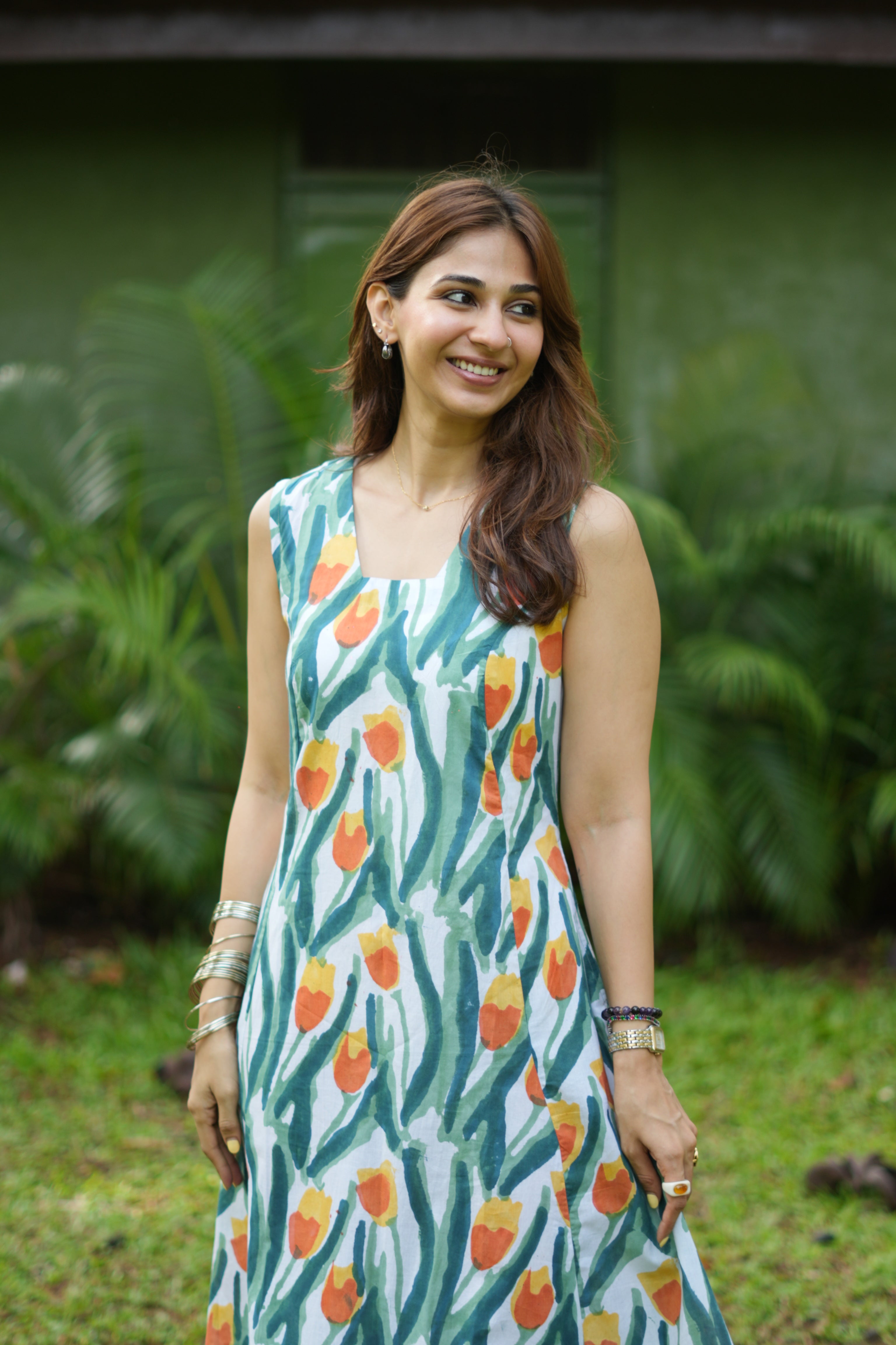 Green Garden Handblock Cotton Corset Dress