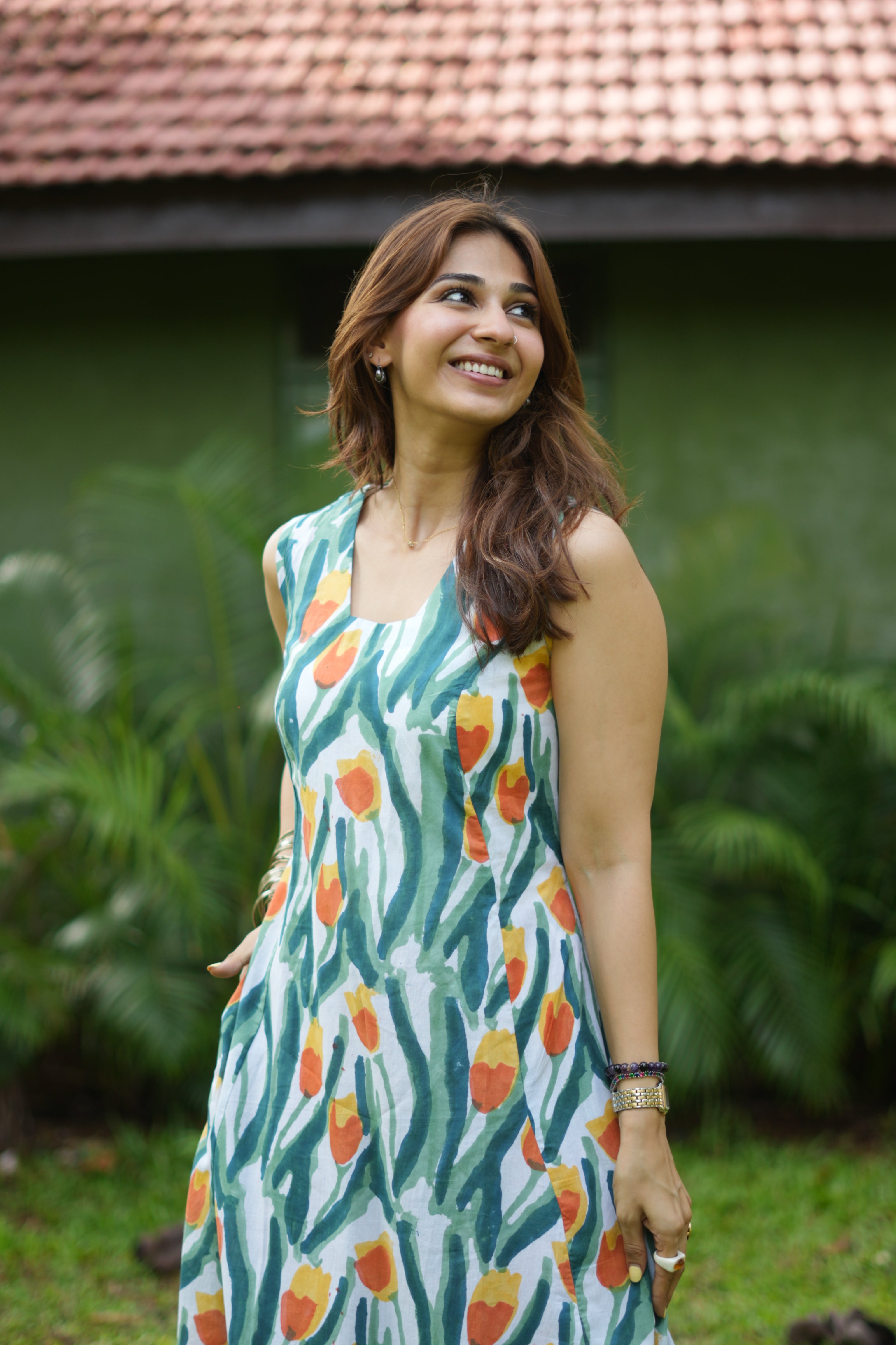 Green Garden Handblock Cotton Corset Dress