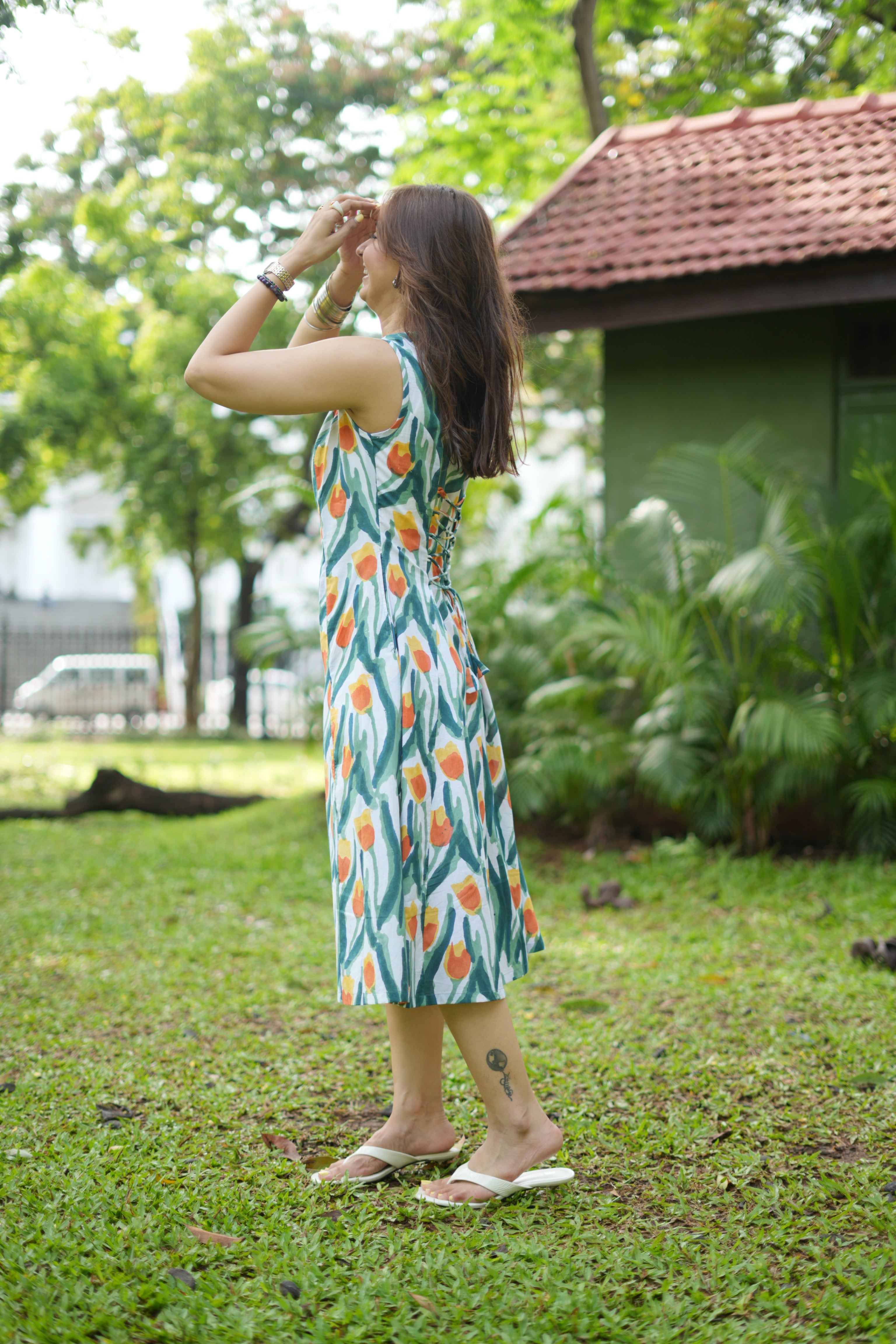 Green Garden Handblock Cotton Corset Dress