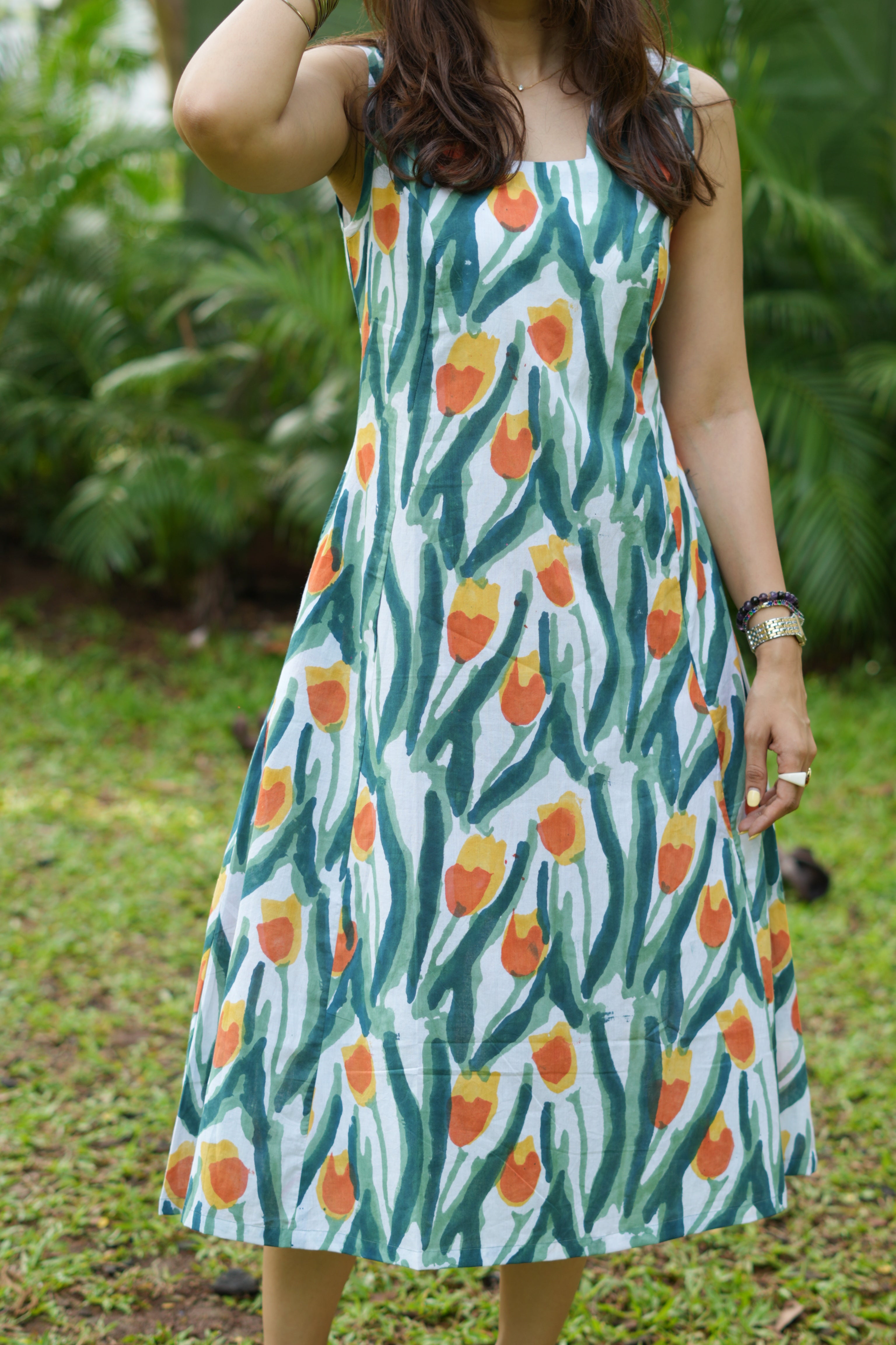 Green Garden Handblock Cotton Corset Dress