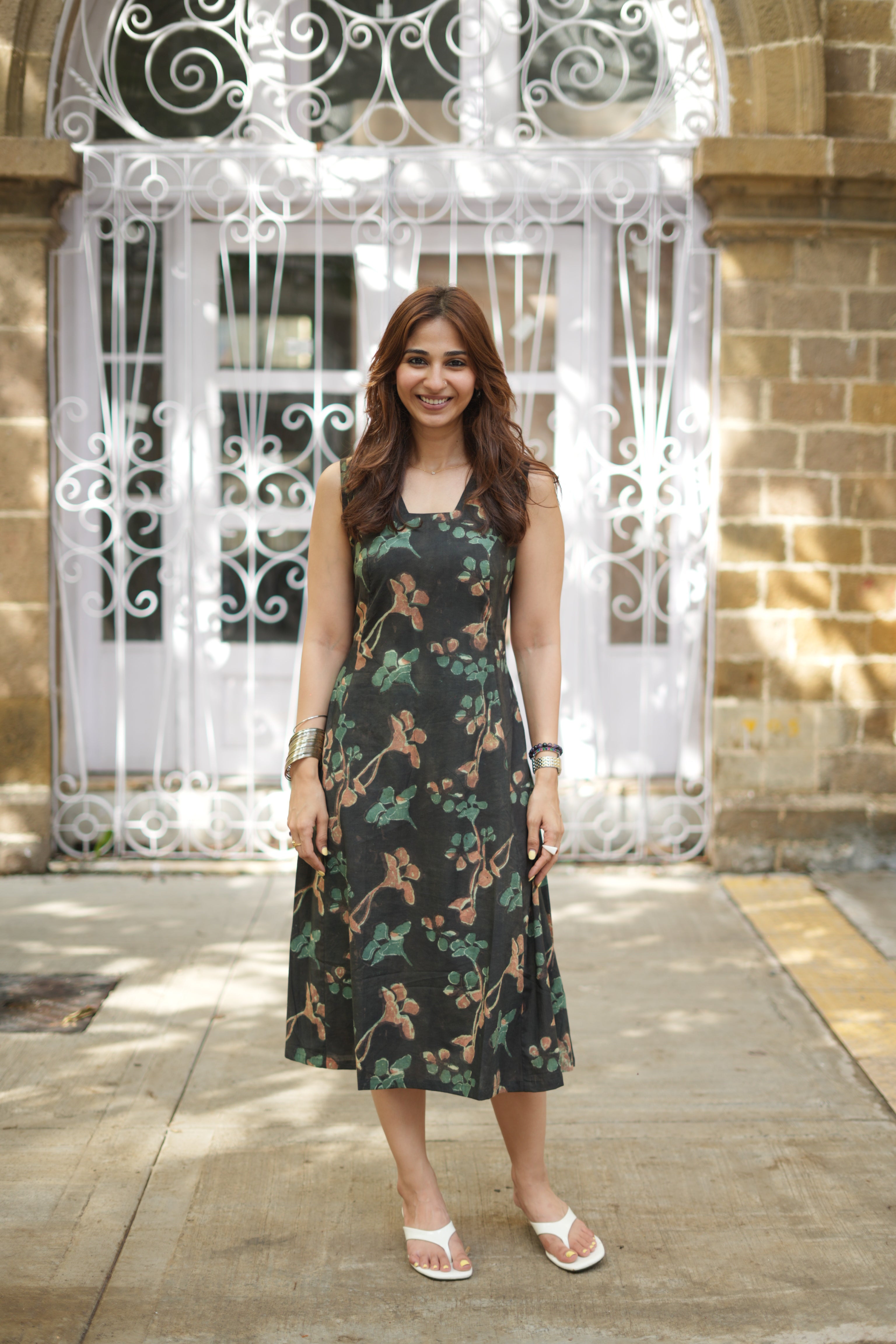 Green Floral Bagru Handblock Cotton Corset Dress