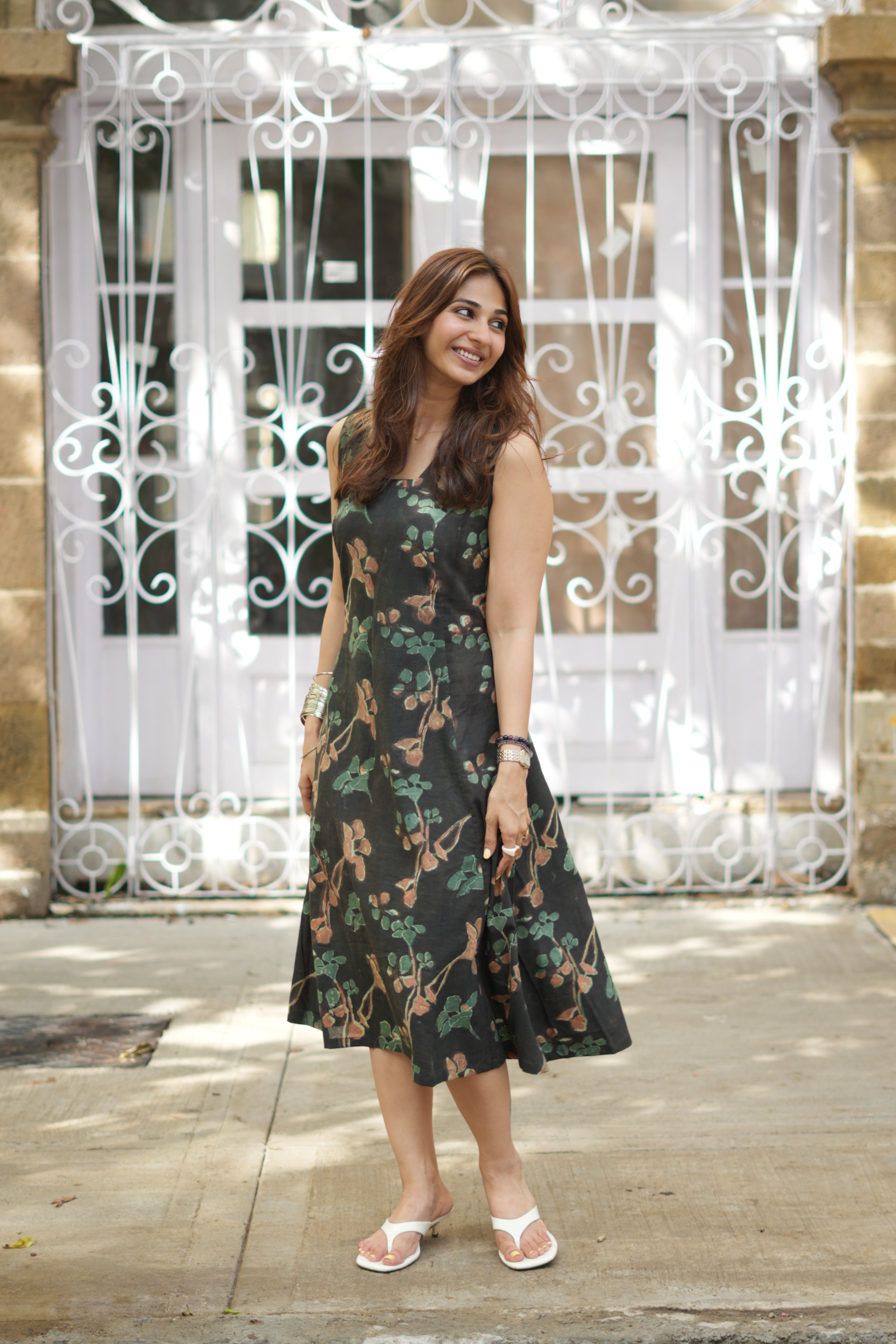 Green Floral Bagru Handblock Cotton Corset Dress