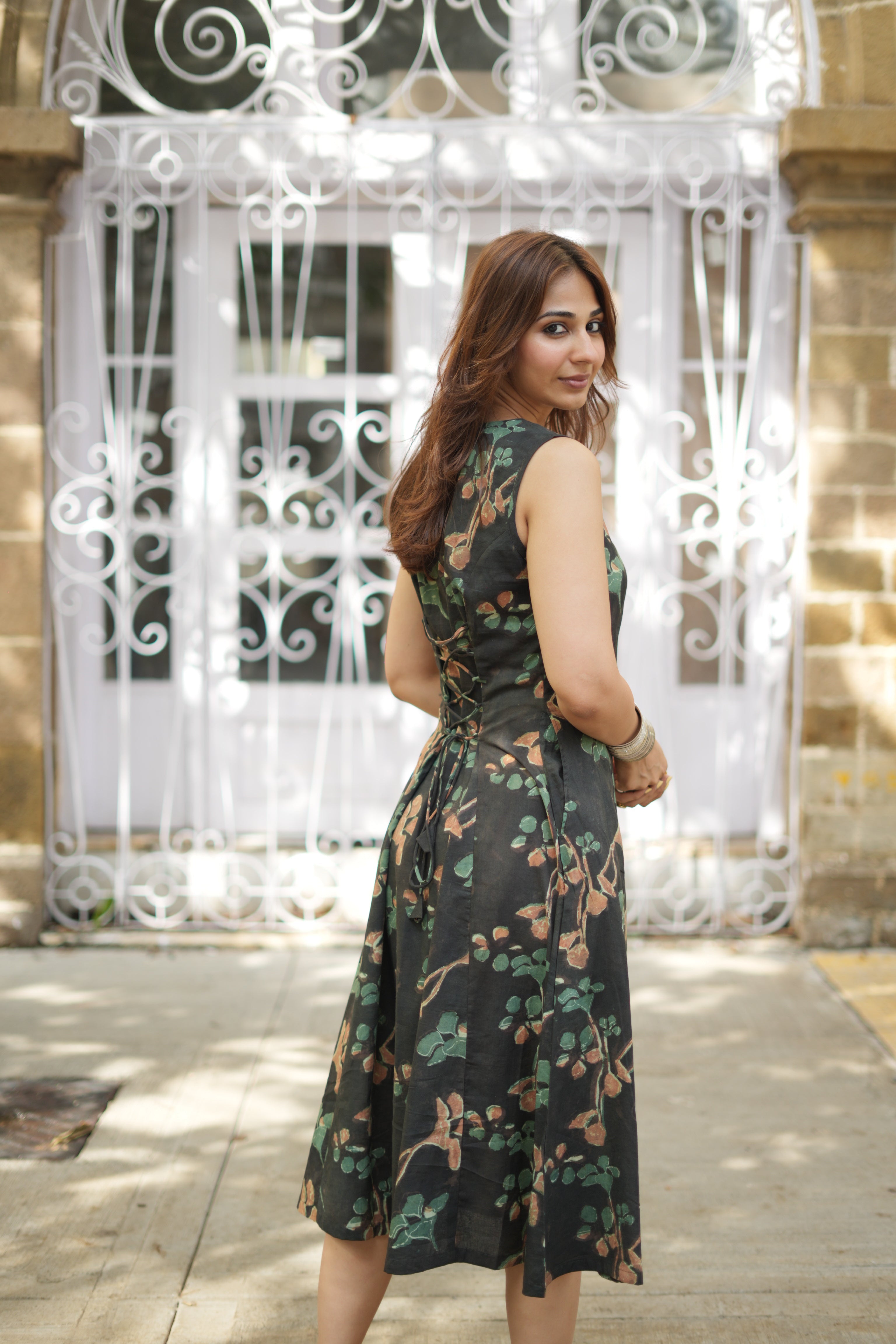 Green Floral Bagru Handblock Cotton Corset Dress