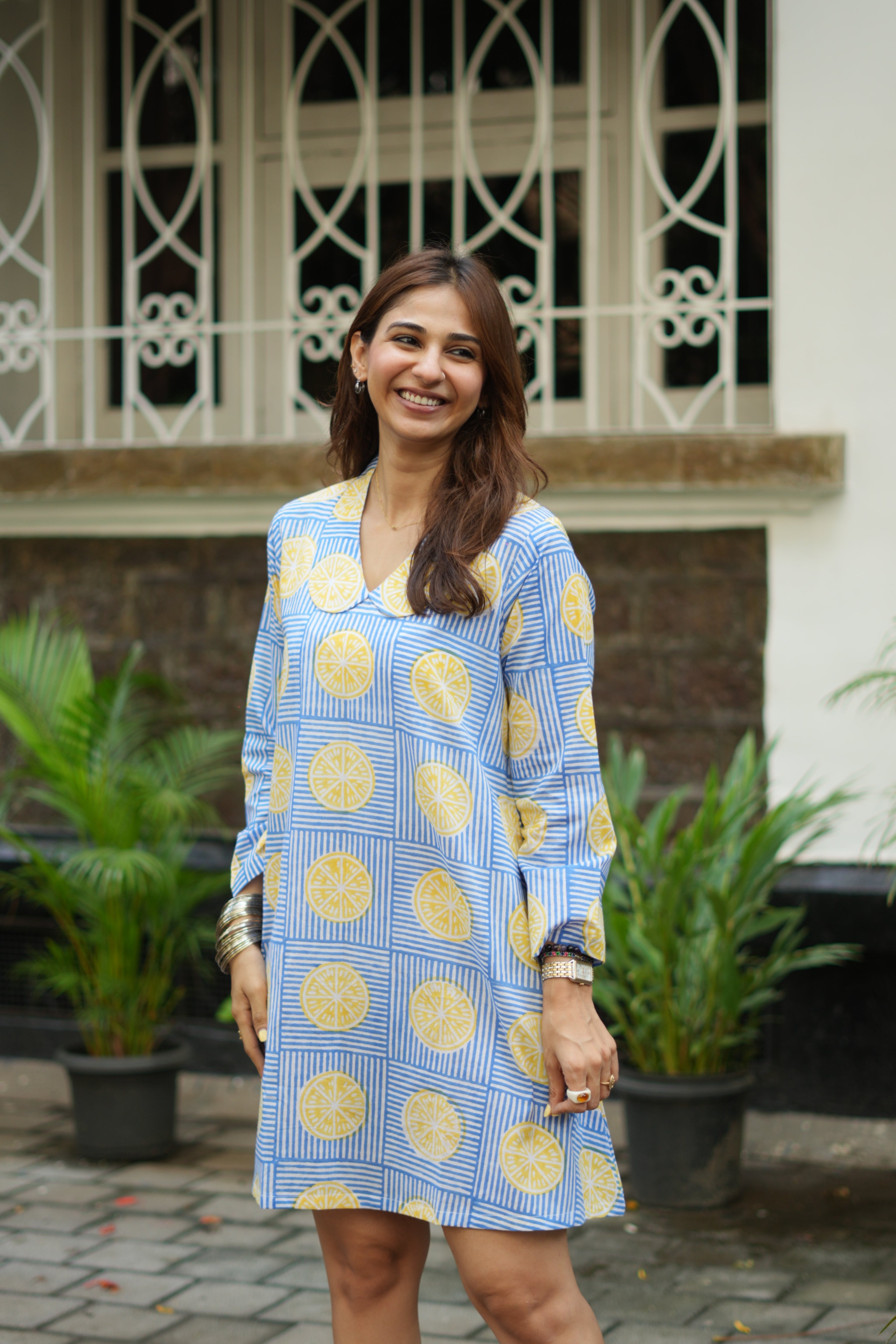 Lemon Handblock Cotton A Line Dress