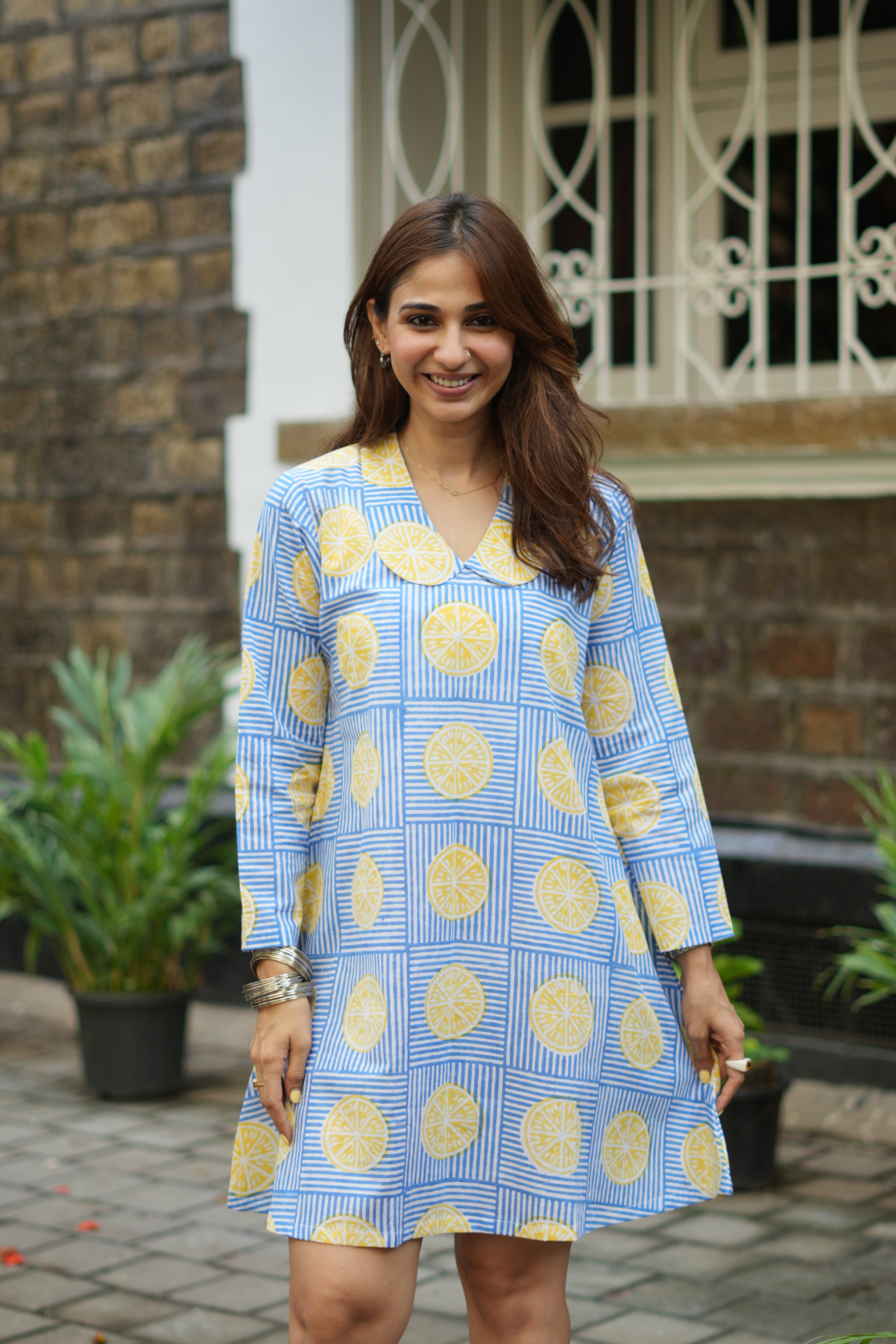 Lemon Handblock Cotton A Line Dress