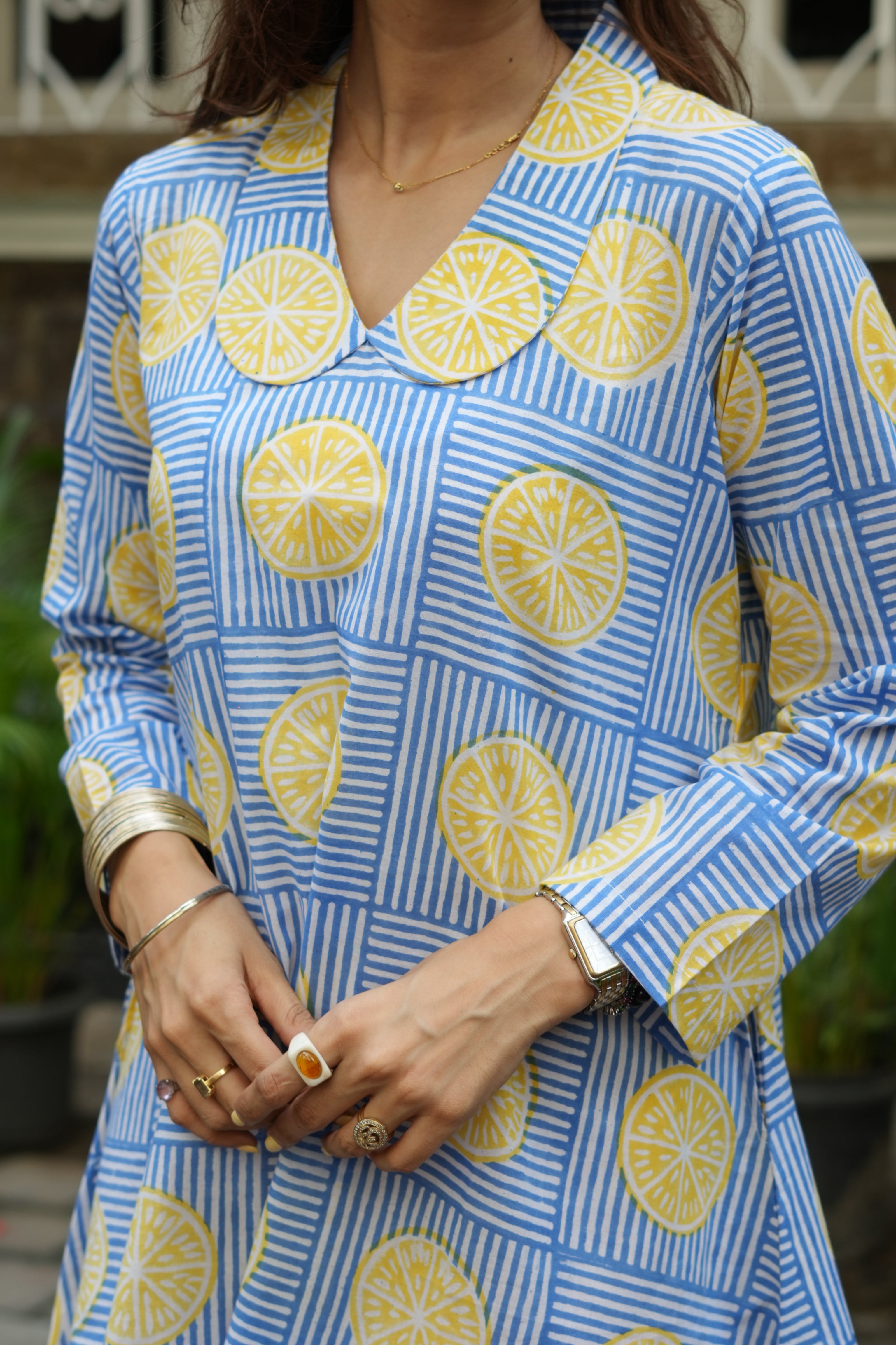 Lemon Handblock Cotton A Line Dress