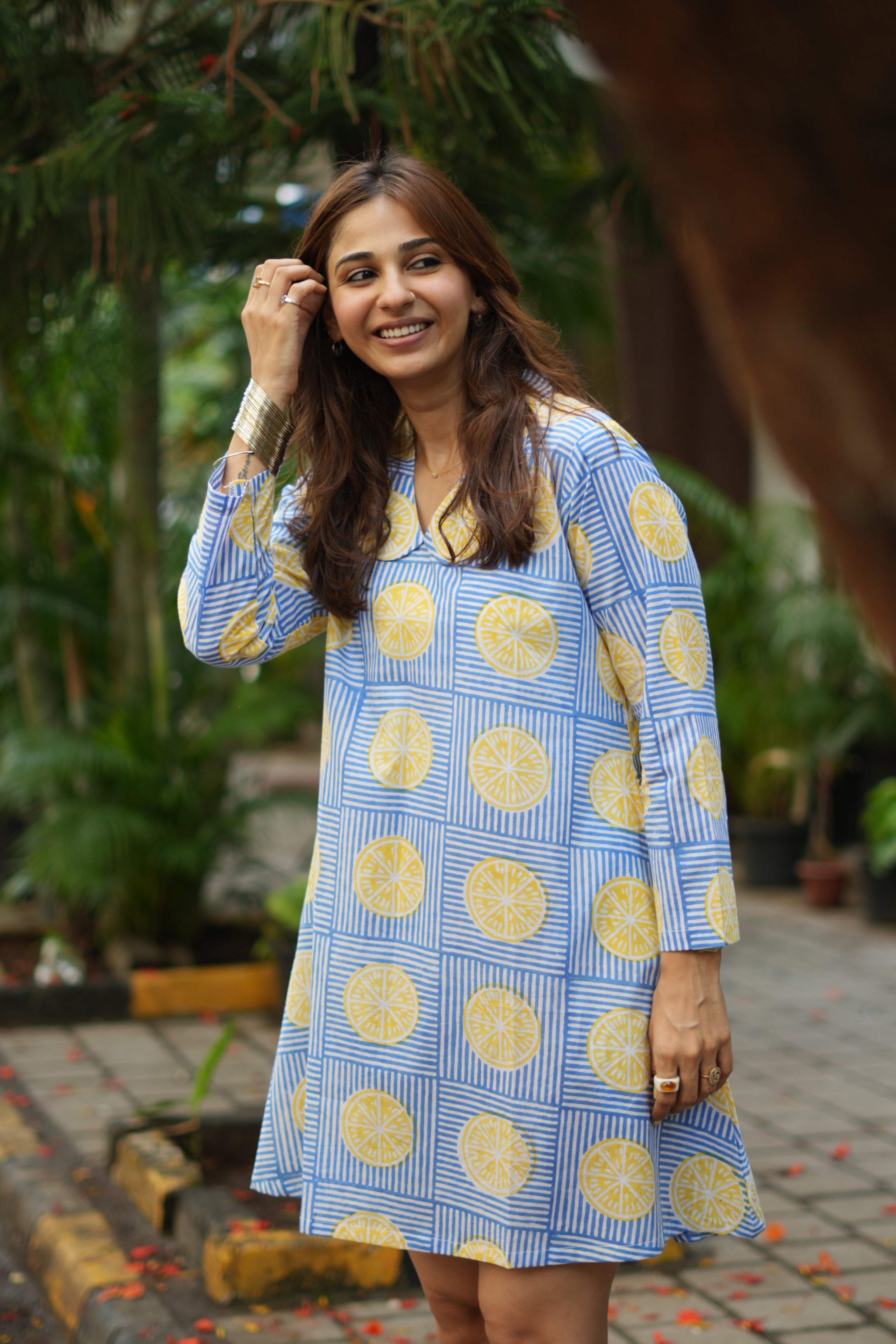 Lemon Handblock Cotton A Line Dress