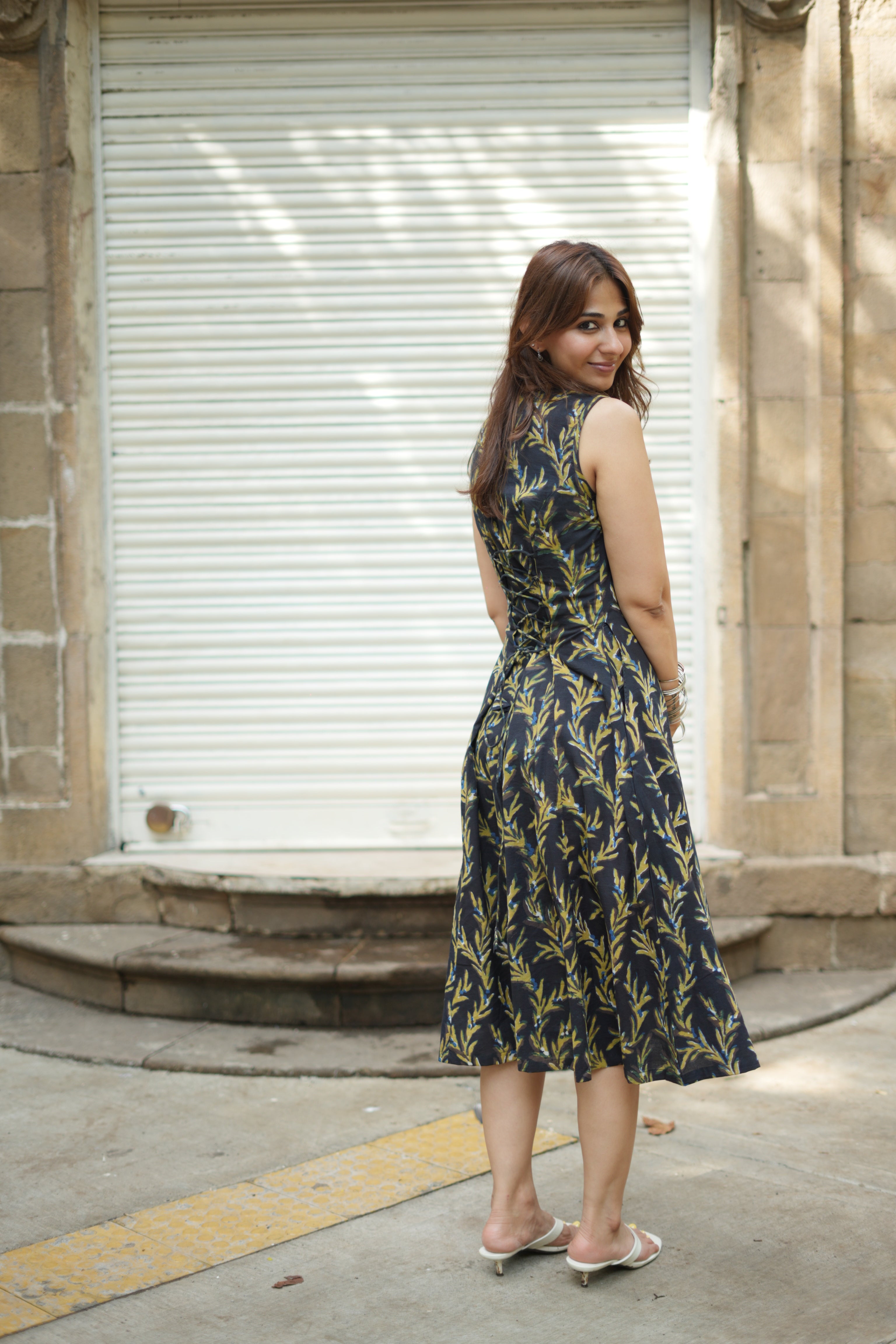 Black Yellow Floral Handblock Cotton Corset Dress
