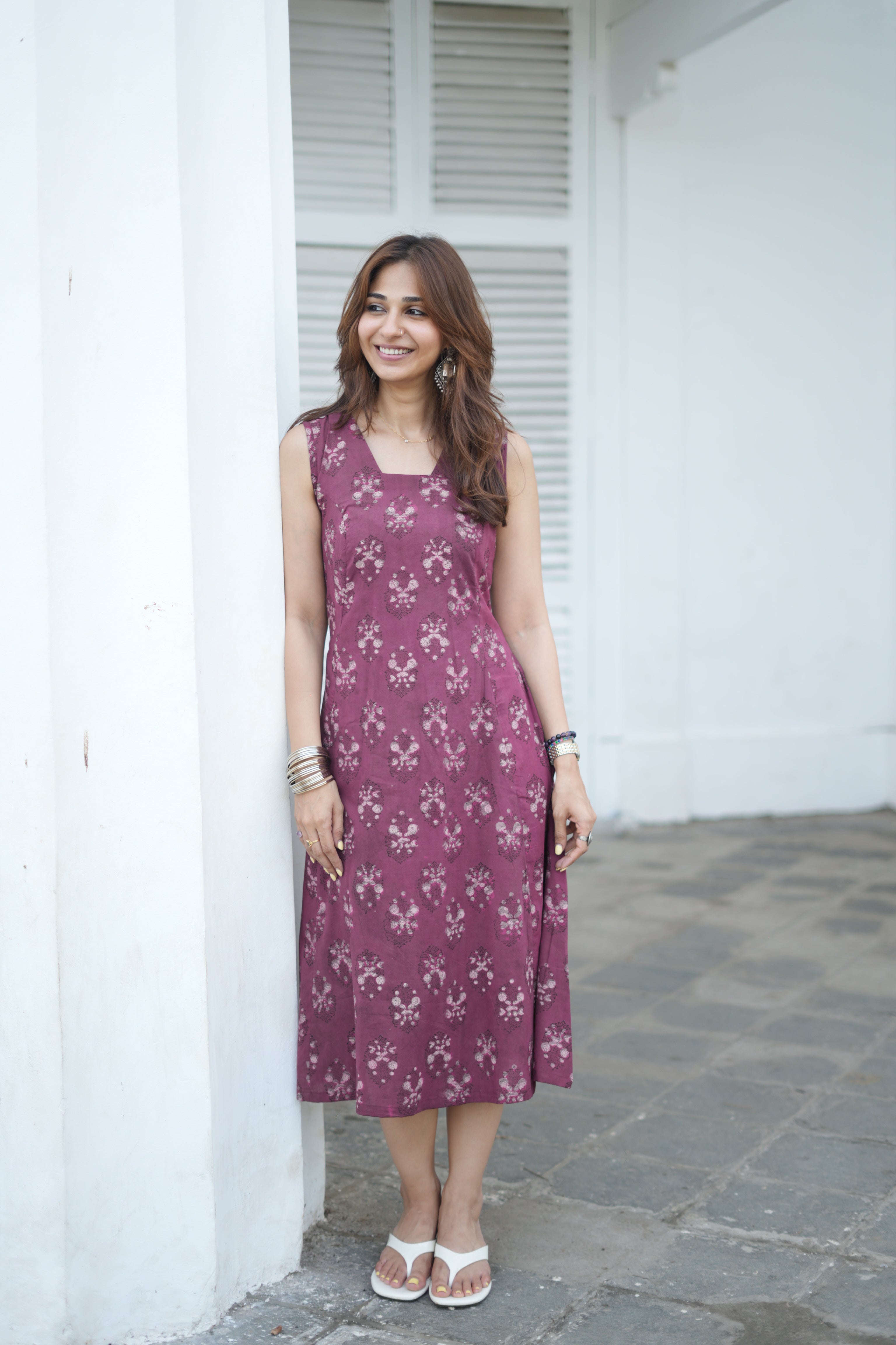 Maroon Bagru Floral Handblock Cotton Corset Dress