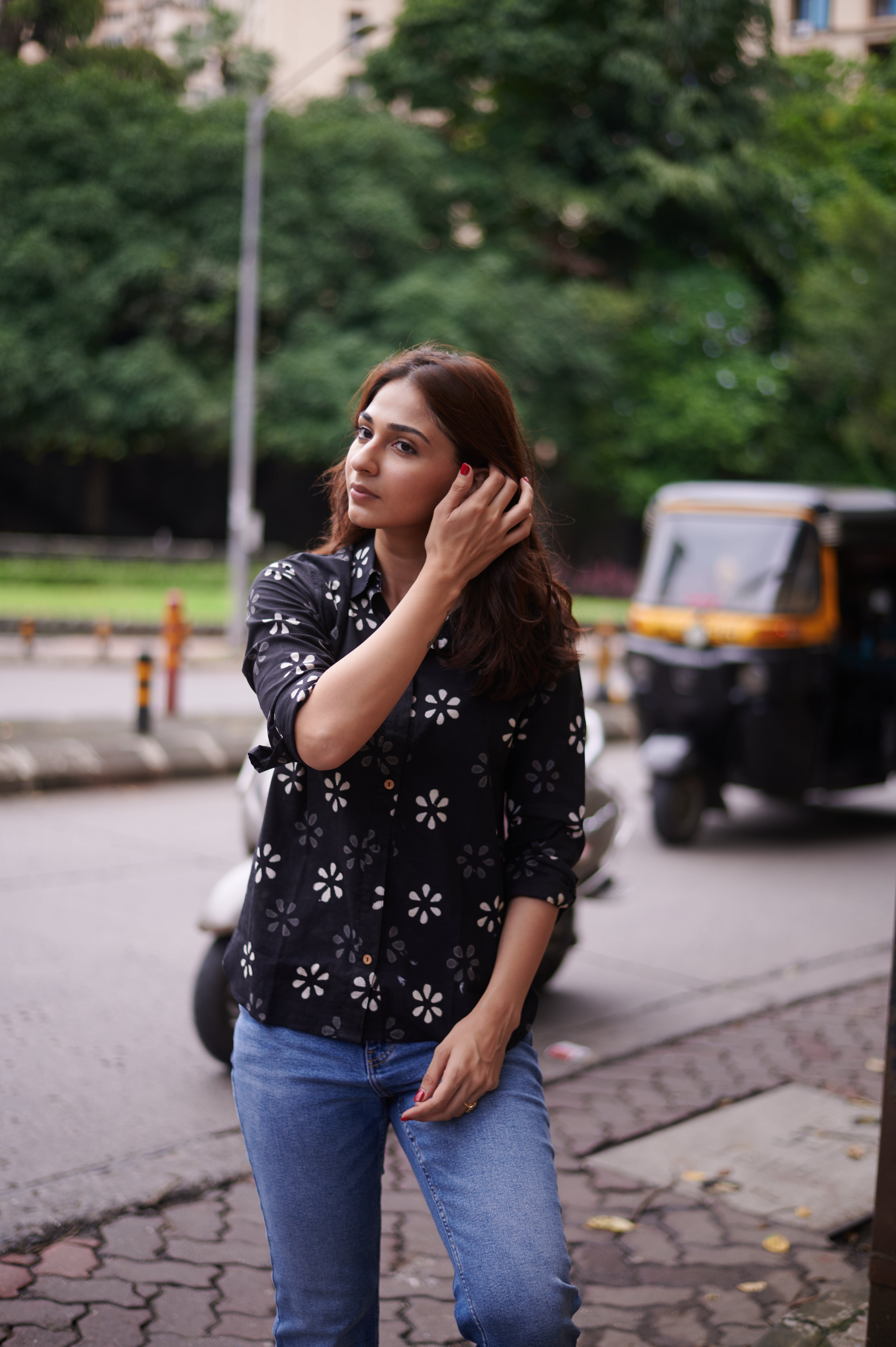 White & Grey Flower Handblock Cotton Shirt