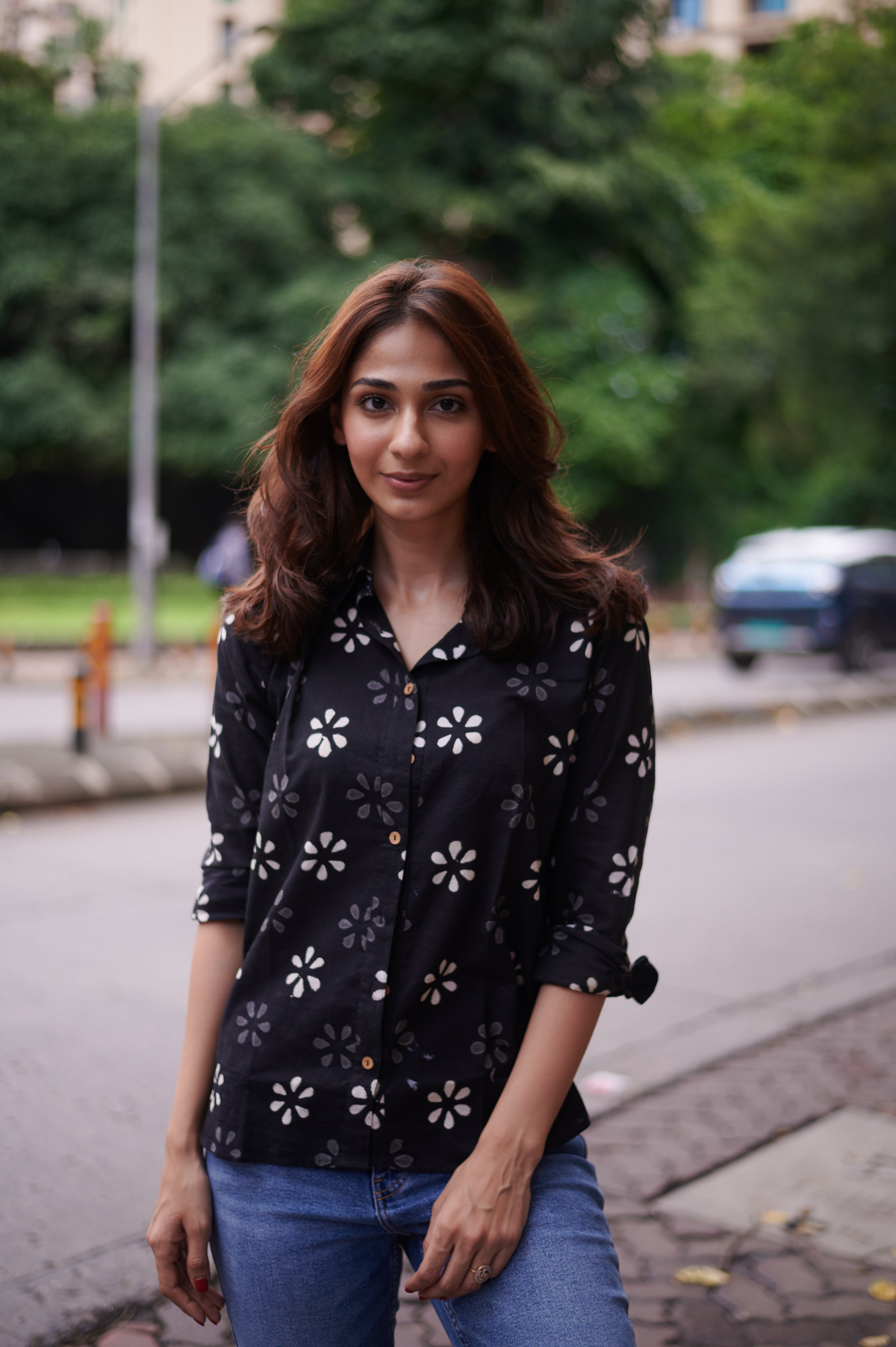 White & Grey Flower Handblock Cotton Shirt