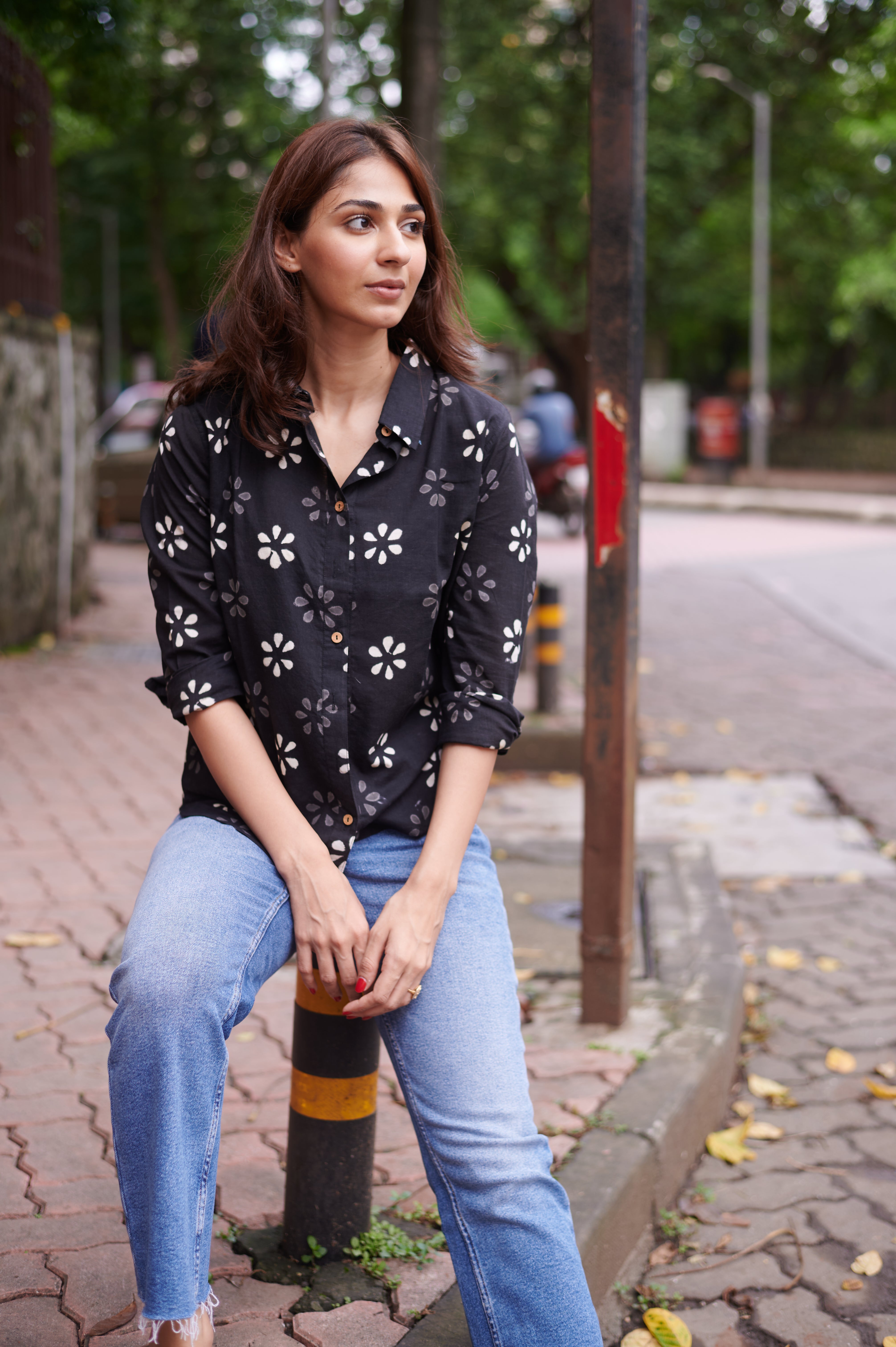 White & Grey Flower Handblock Cotton Shirt