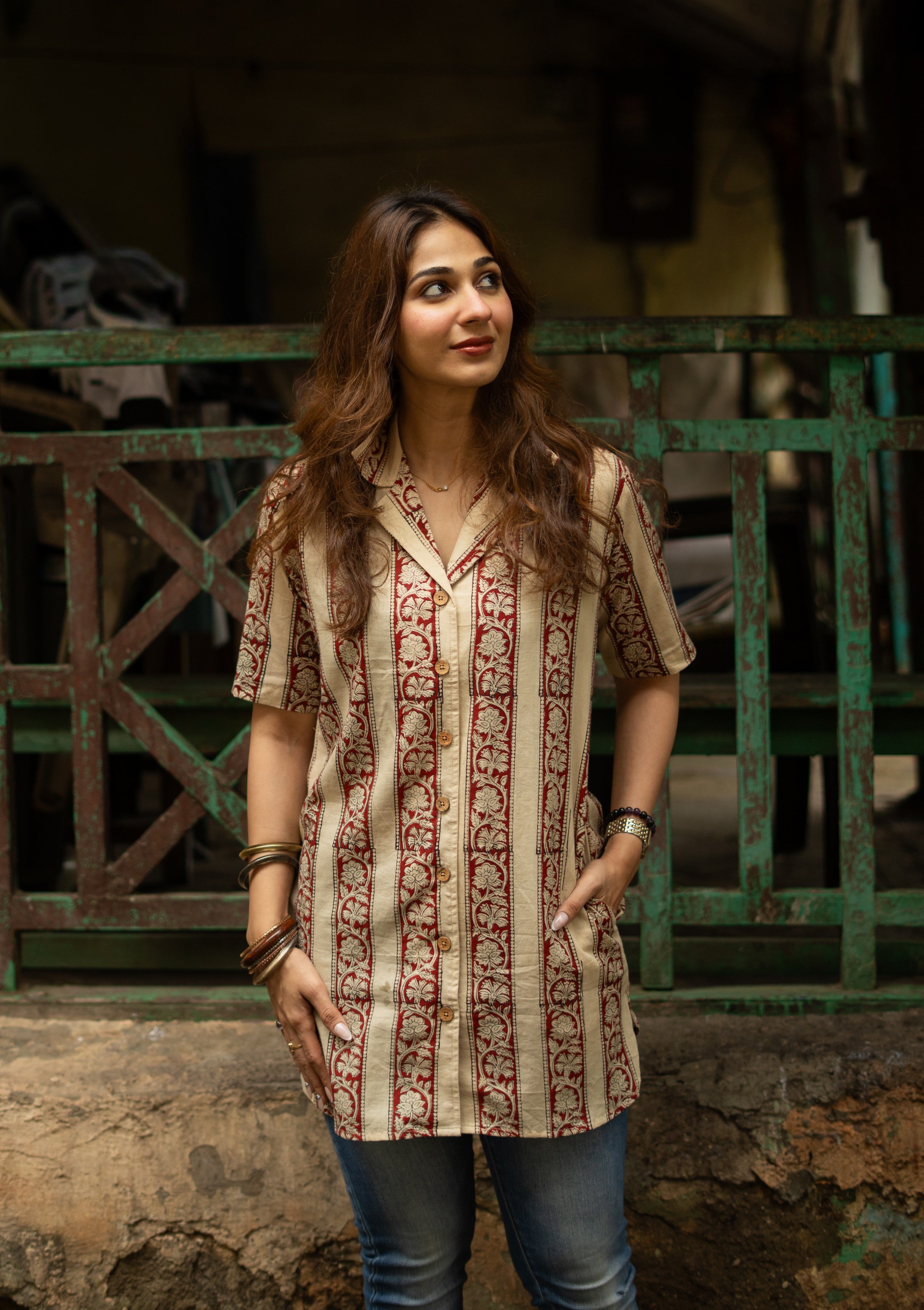 Ajrakh Cream Red Stripe Handblock Cotton Shirt Kurti