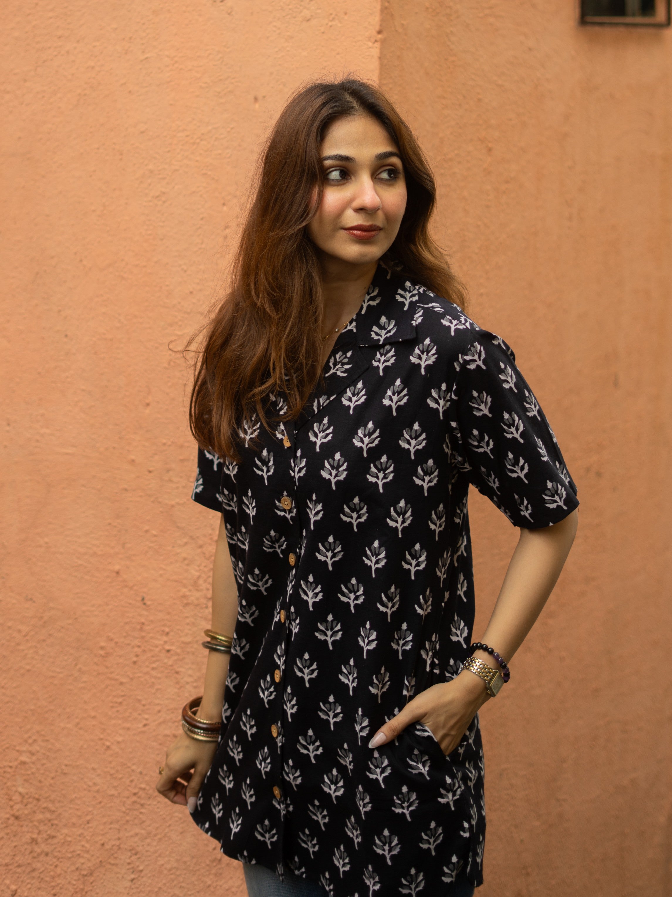 Black Floral Bagru Block Print Cotton Shirt Kurti