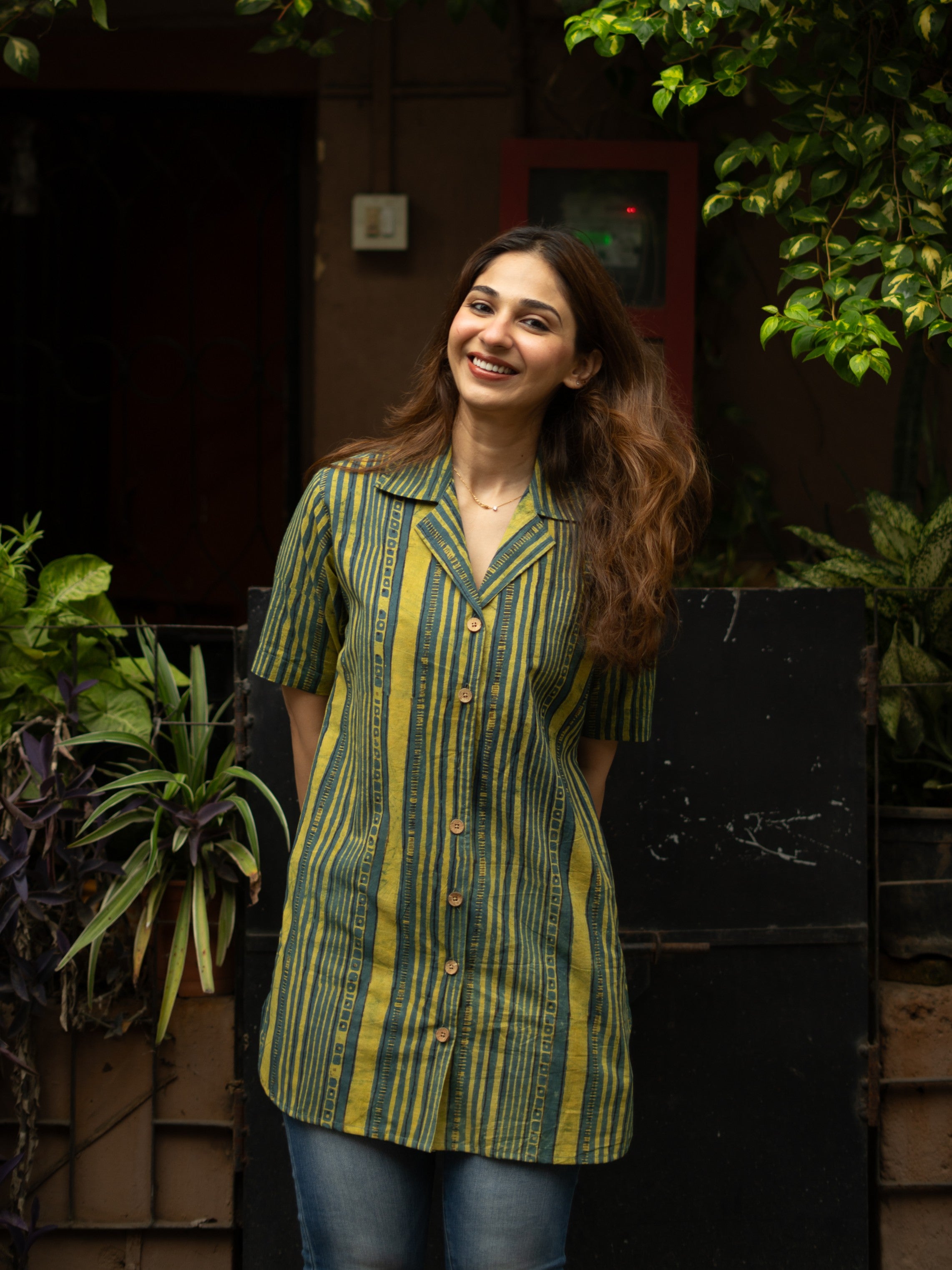 Green Stripe Handblock Cotton Shirt Kurti