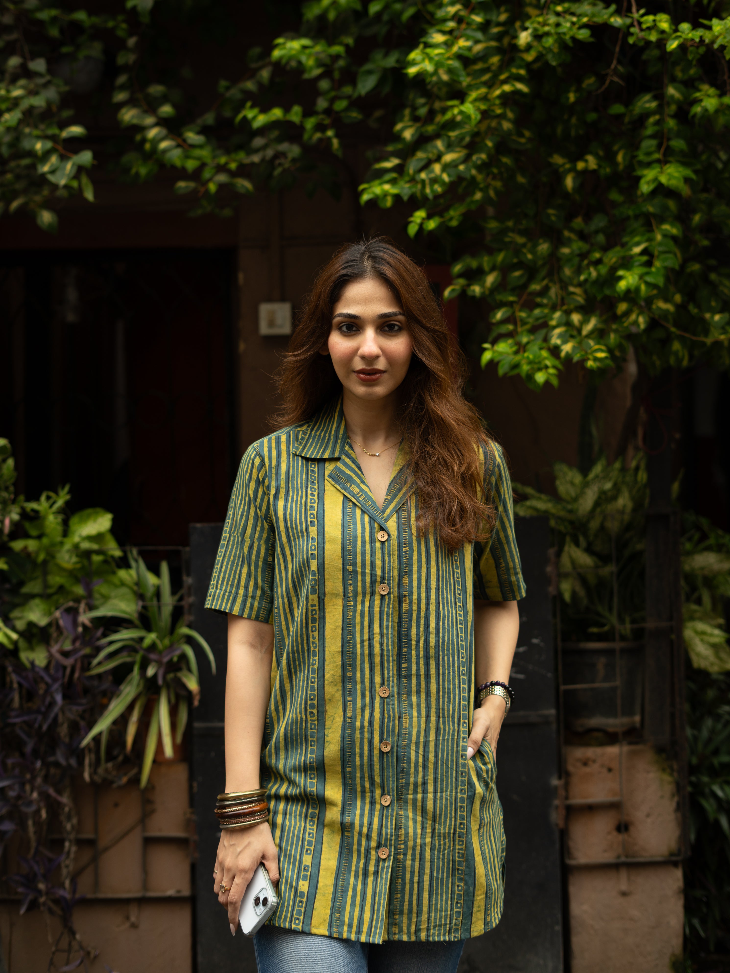Green Stripe Handblock Cotton Shirt Kurti