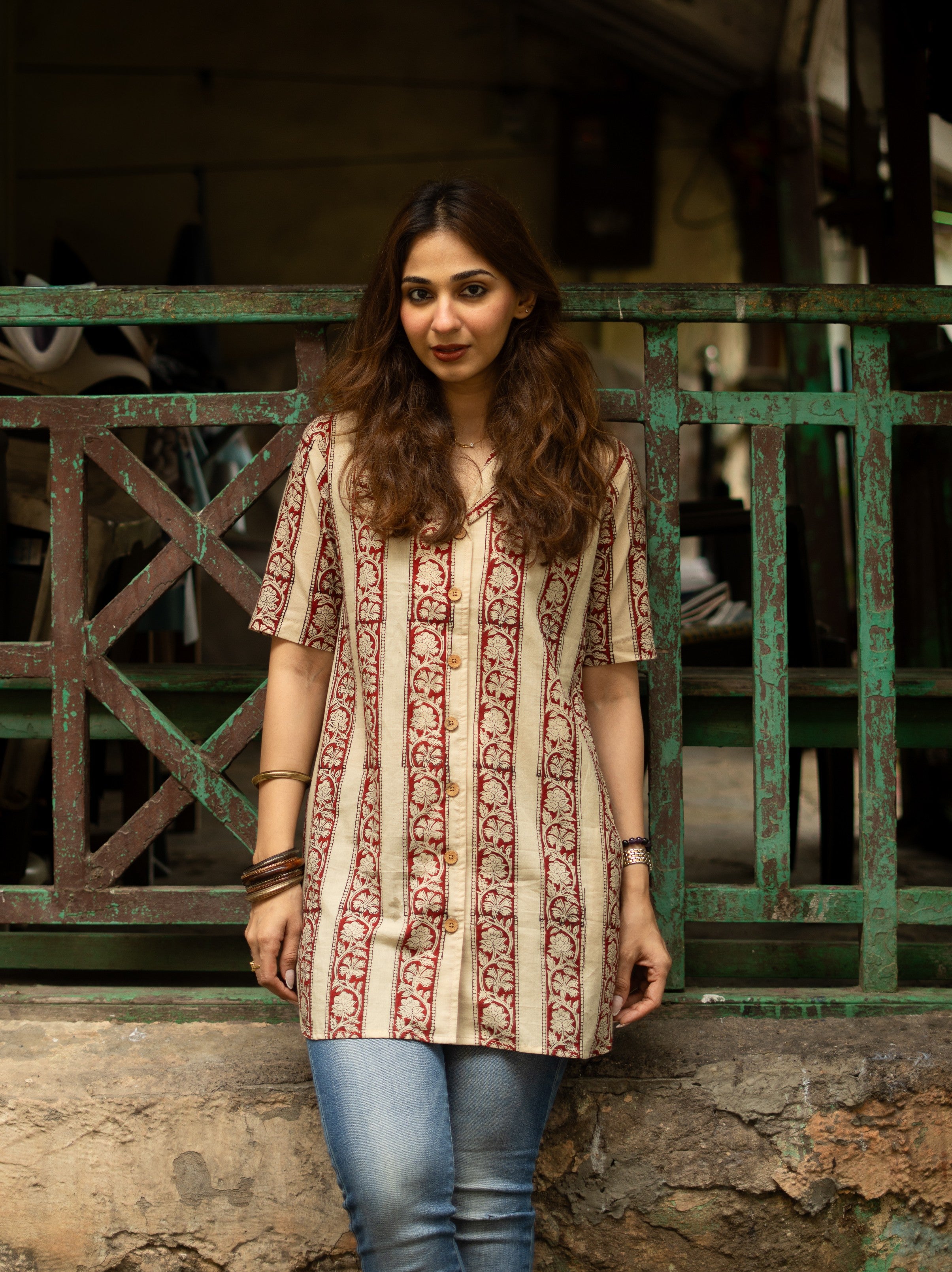 Ajrakh Cream Red Stripe Handblock Cotton Shirt Kurti