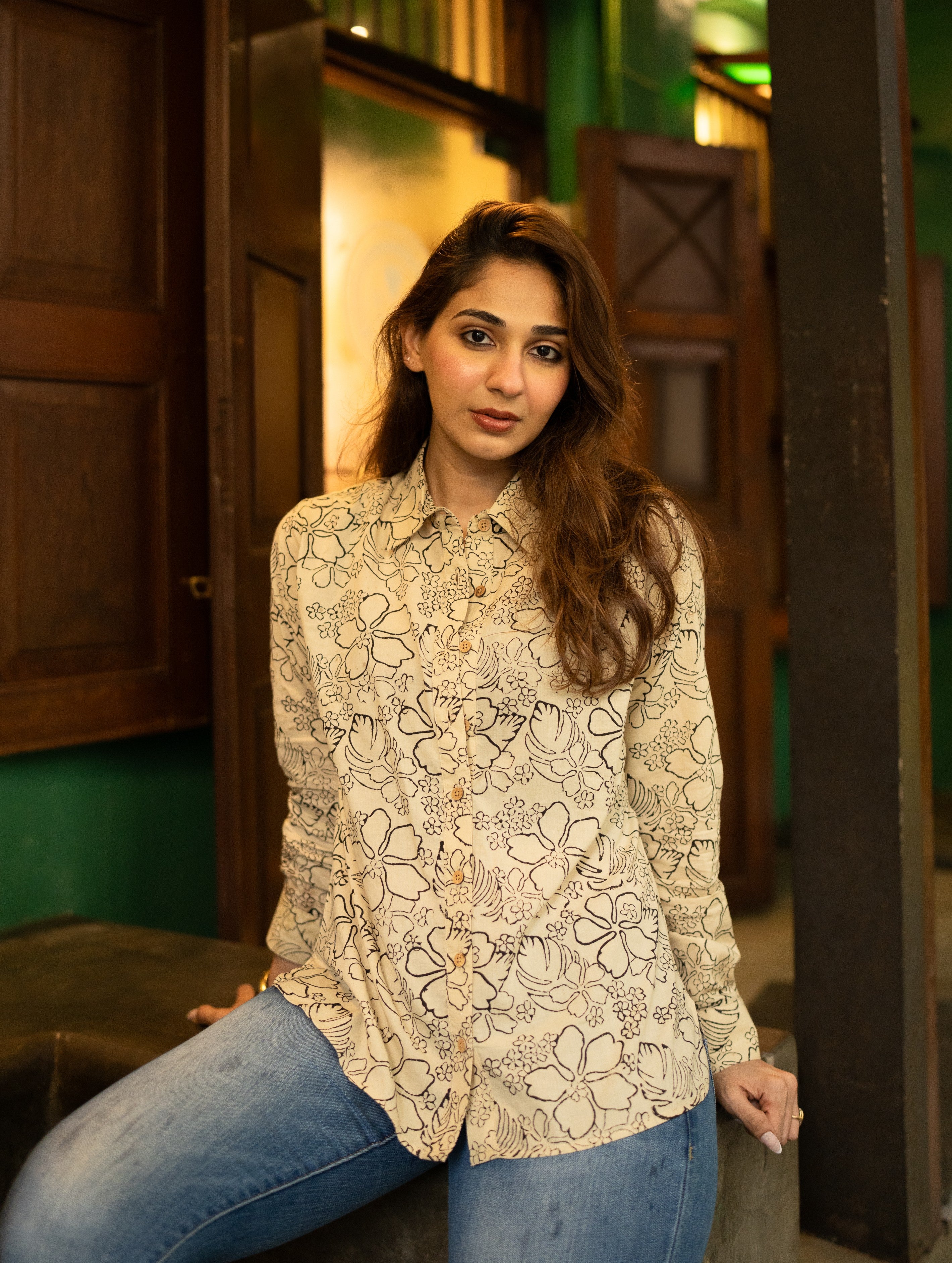 Bagru Cream Floral Handblock Cotton Shirt