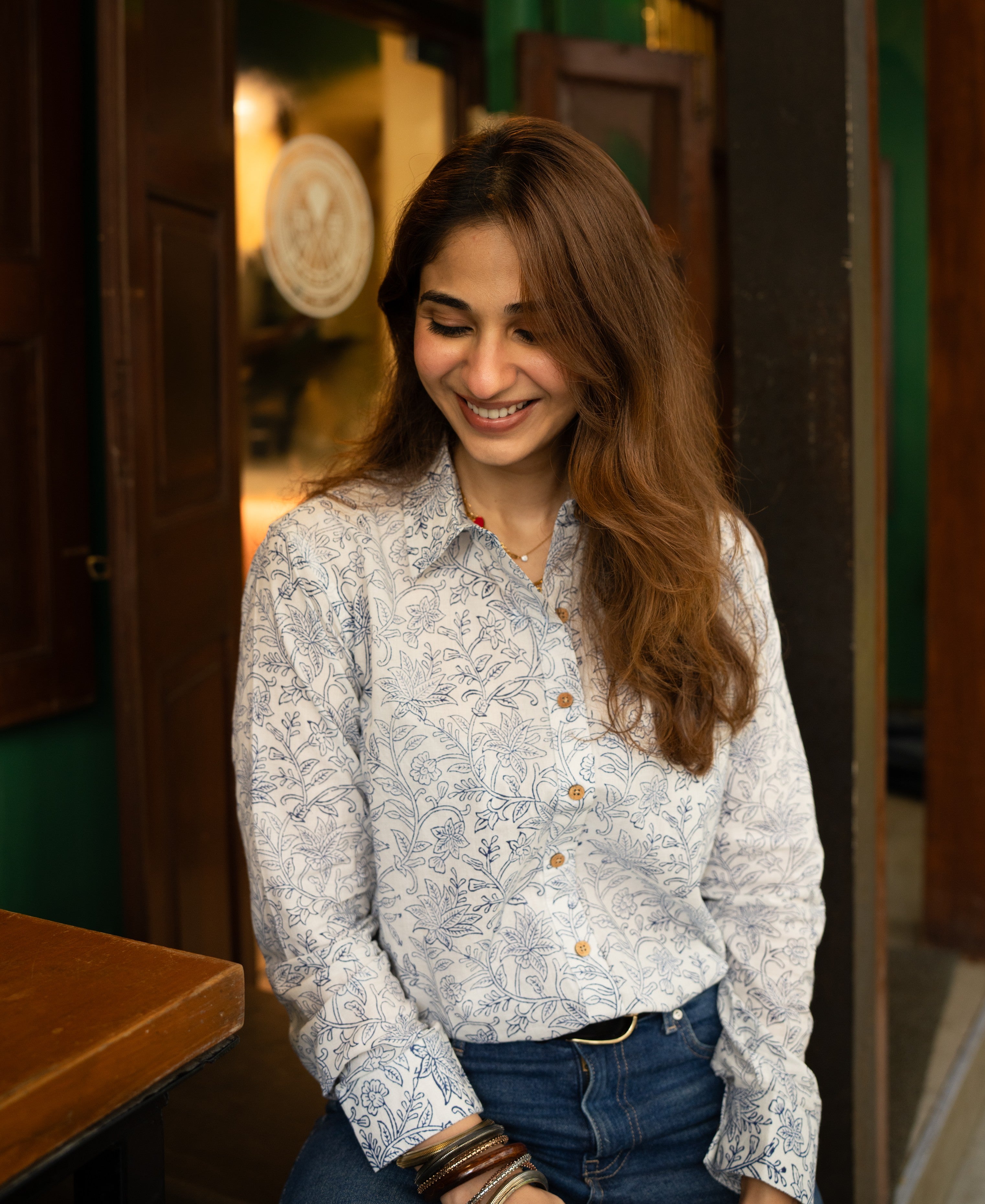 Indigo Floral Block Print Cotton Shirt