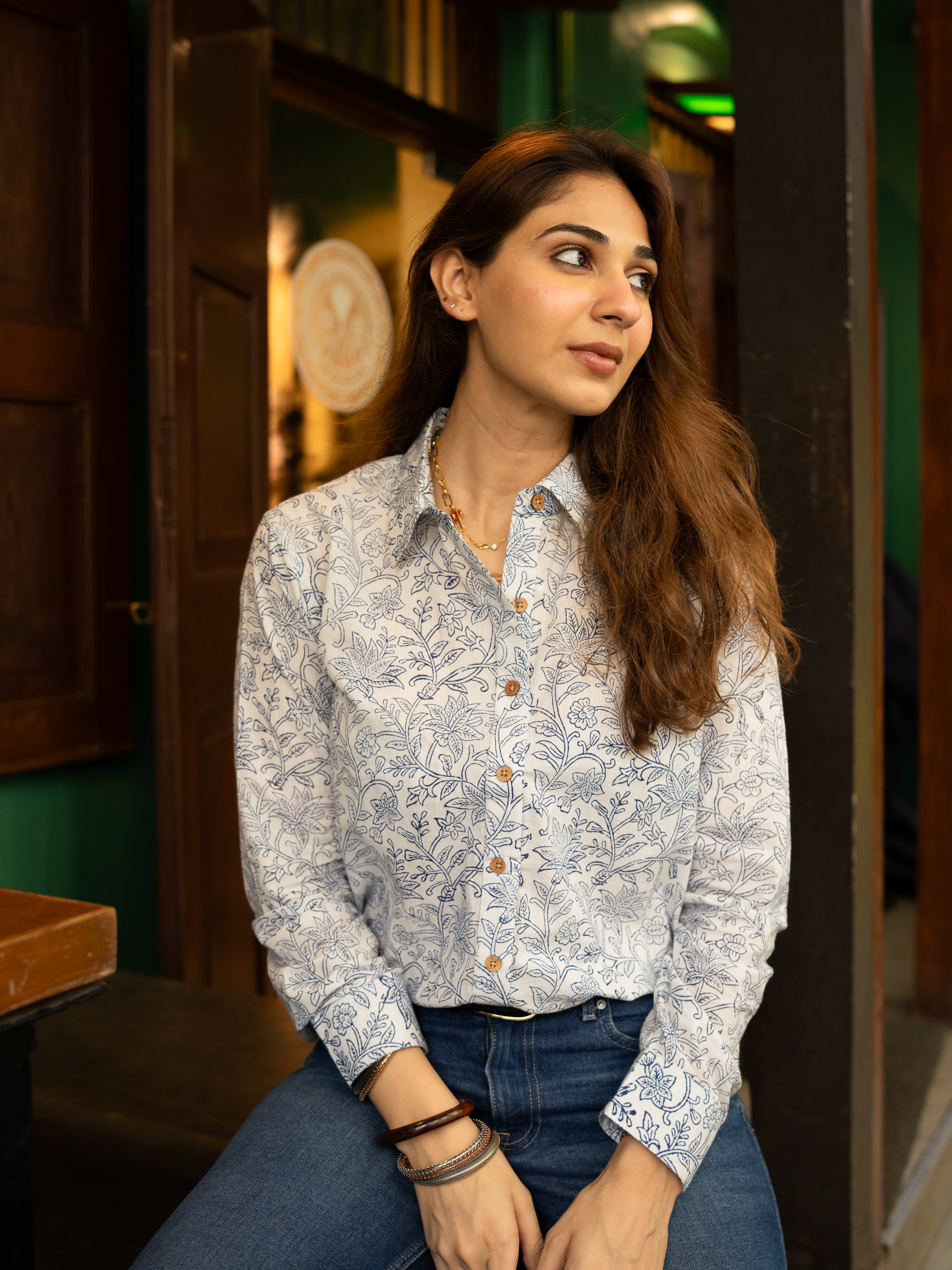 Indigo Floral Block Print Cotton Shirt