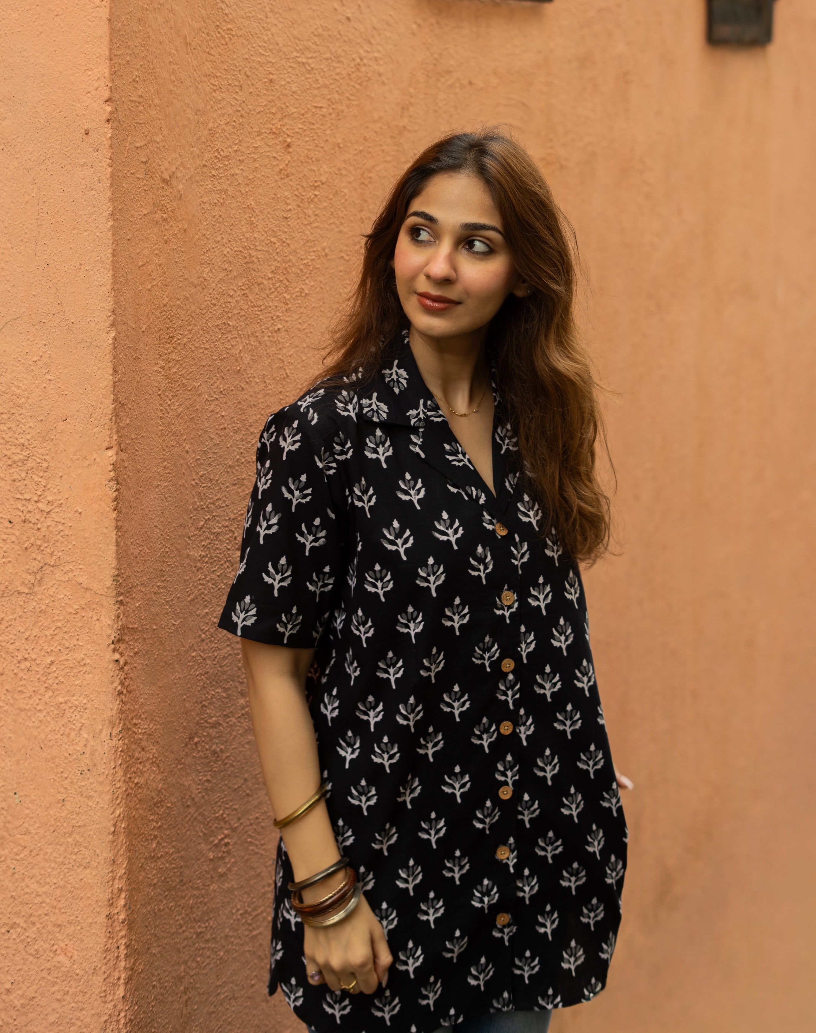Black Floral Bagru Block Print Cotton Shirt Kurti