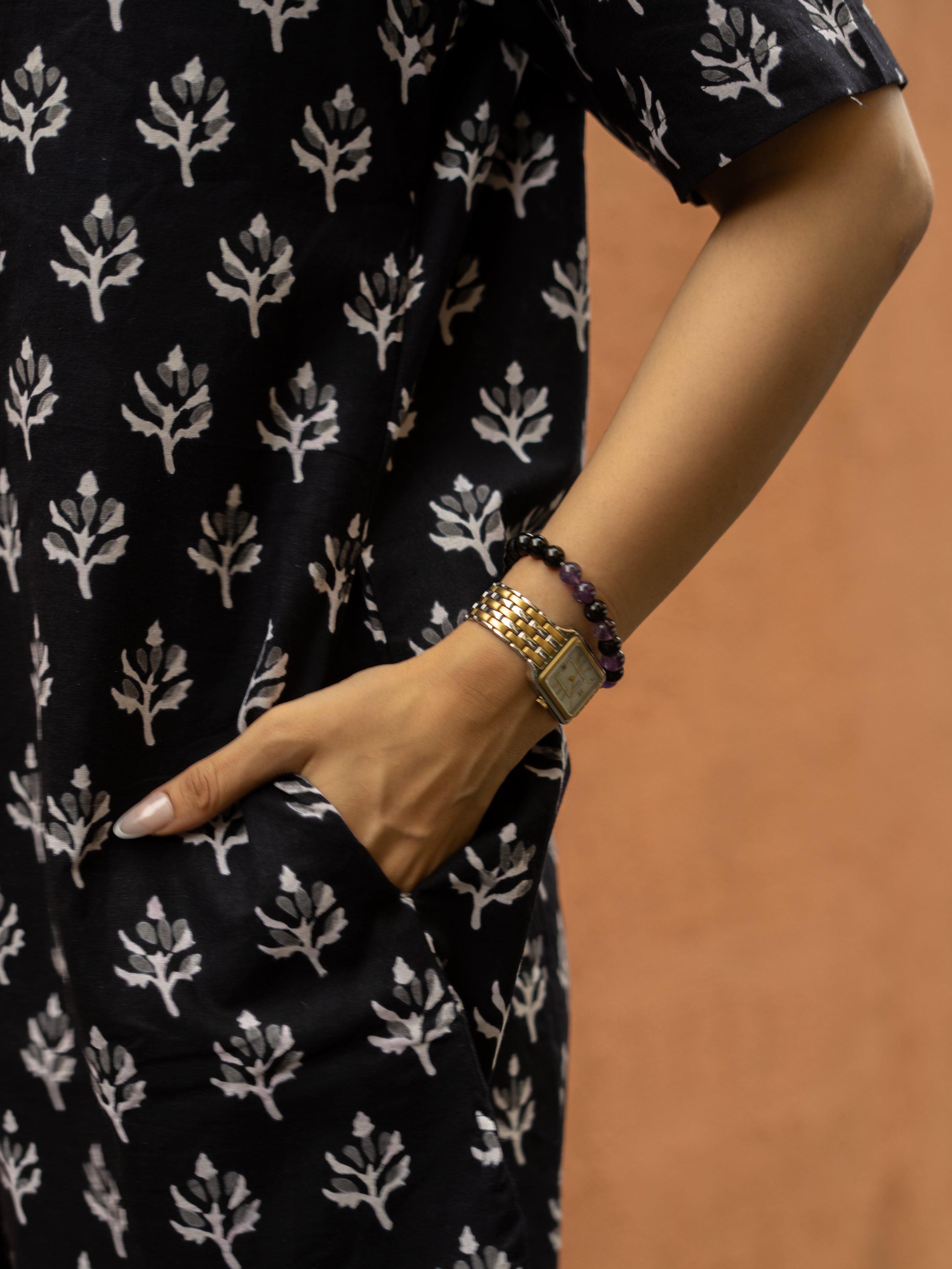 Black Floral Bagru Block Print Cotton Shirt Kurti
