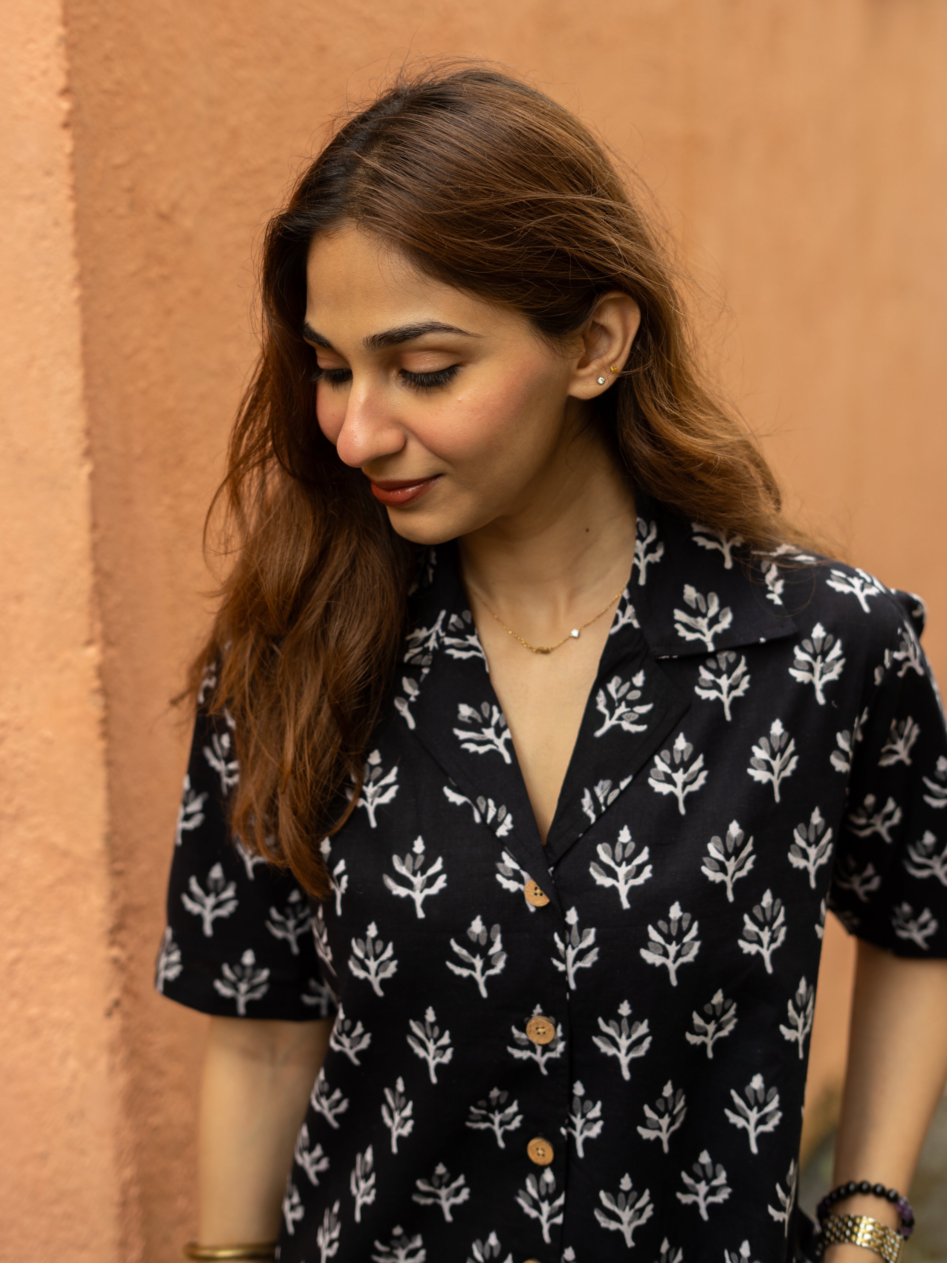 Black Floral Bagru Block Print Cotton Shirt Kurti