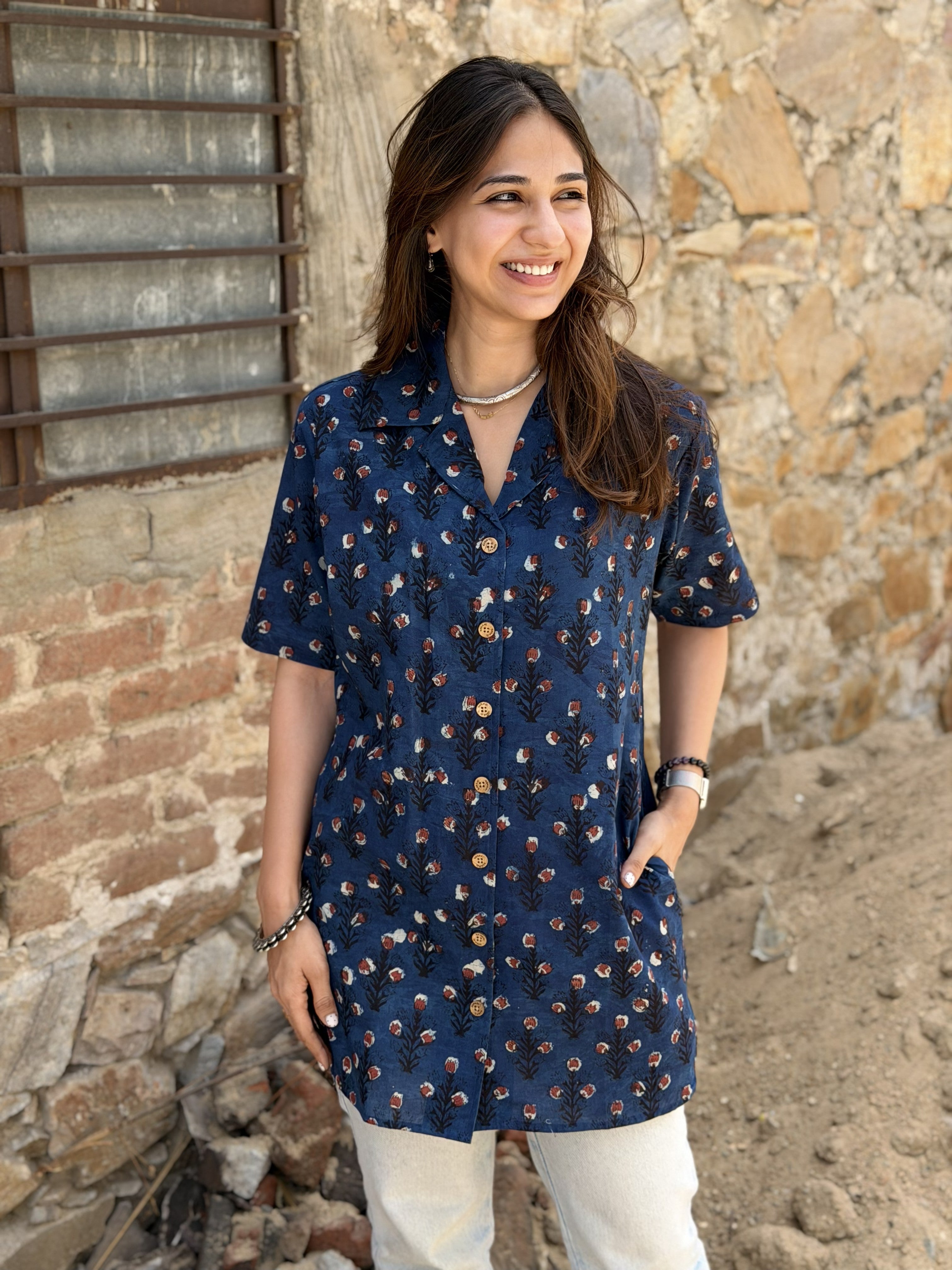Indigo Red Flower Block Print Cotton Shirt Kurti