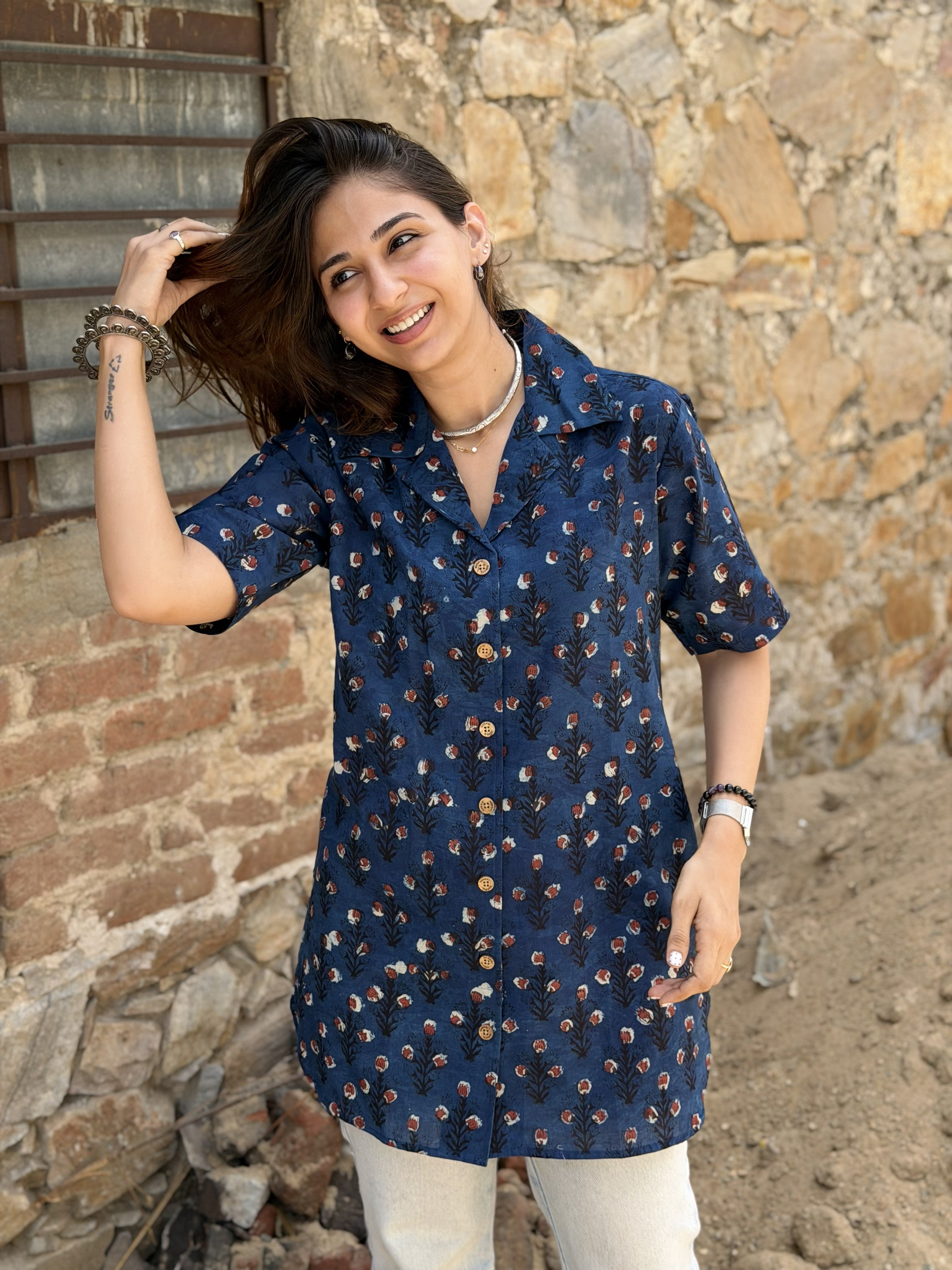 Indigo Red Flower Block Print Cotton Shirt Kurti