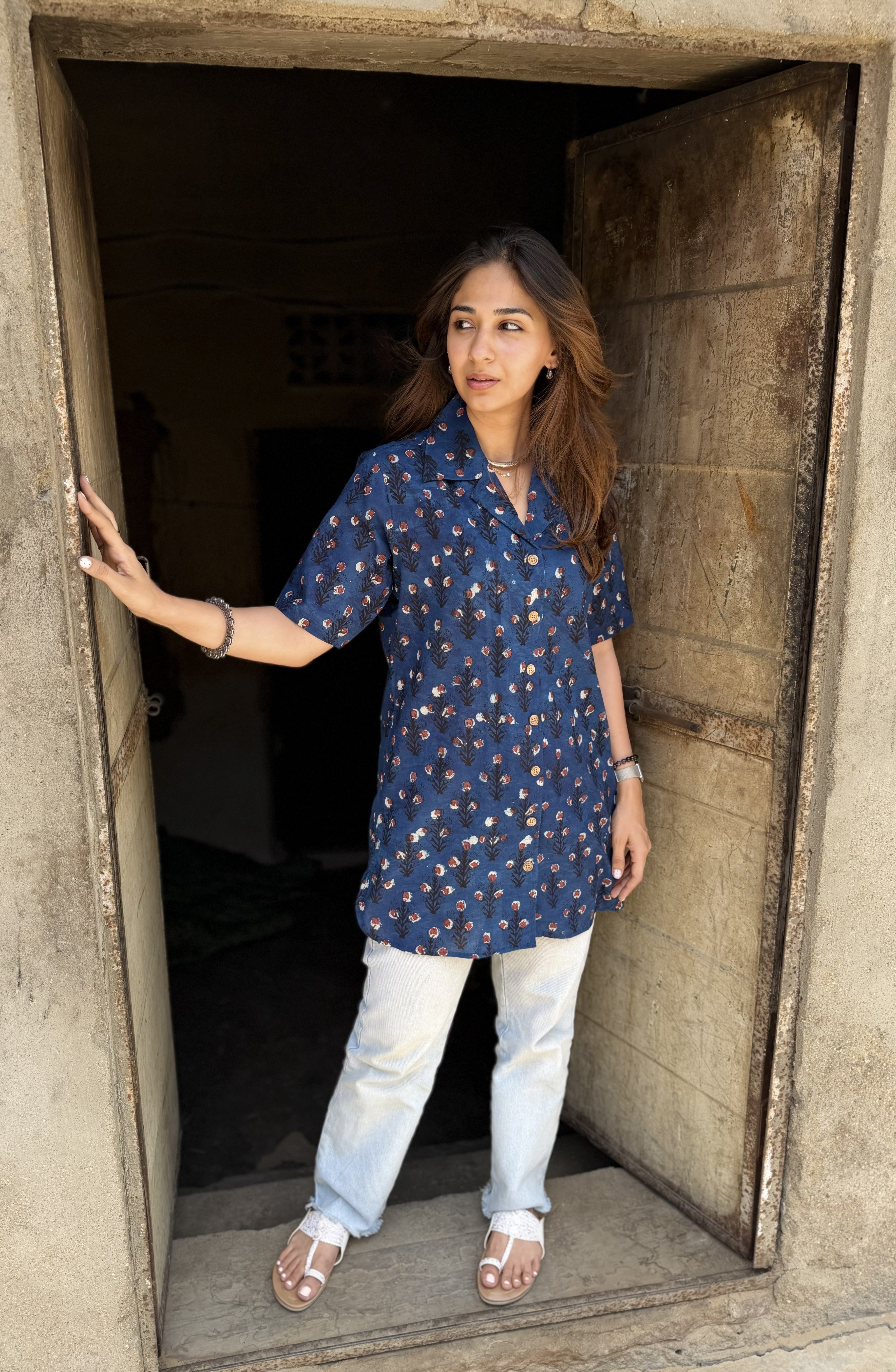 Indigo Red Flower Block Print Cotton Shirt Kurti