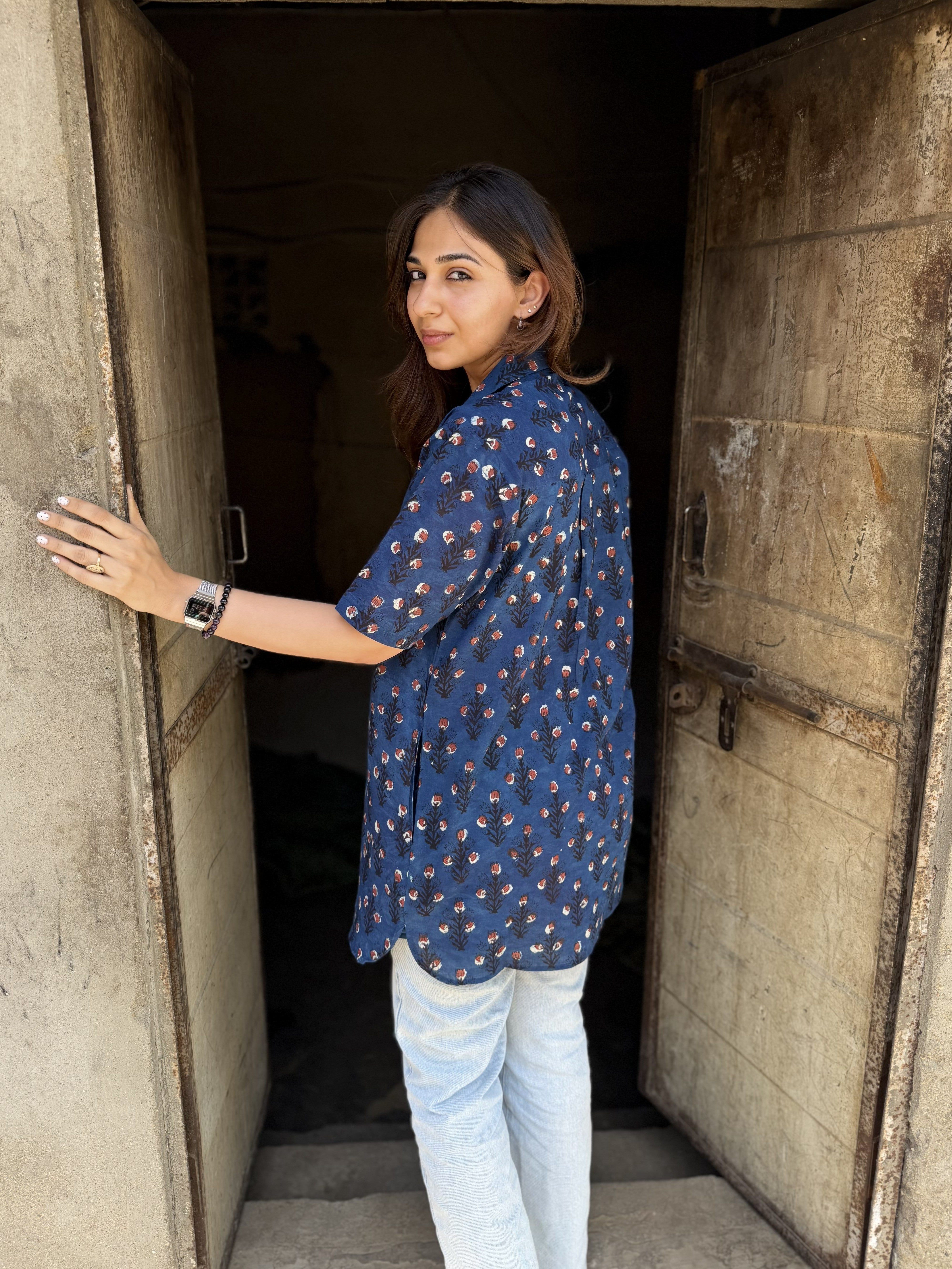 Indigo Red Flower Block Print Cotton Shirt Kurti