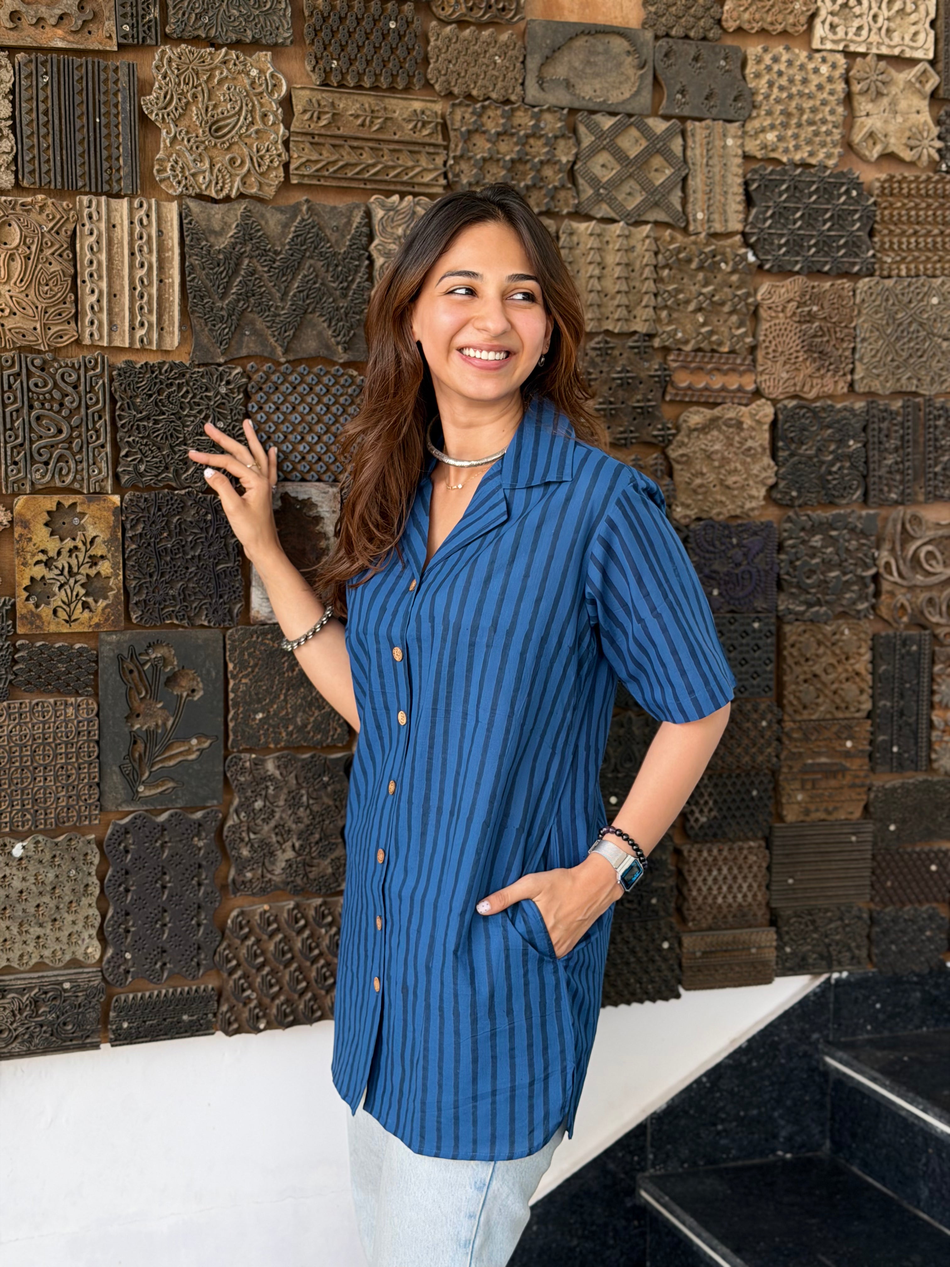 Indigo Jaipuri Stripe Handblock Cotton Shirt Kurti