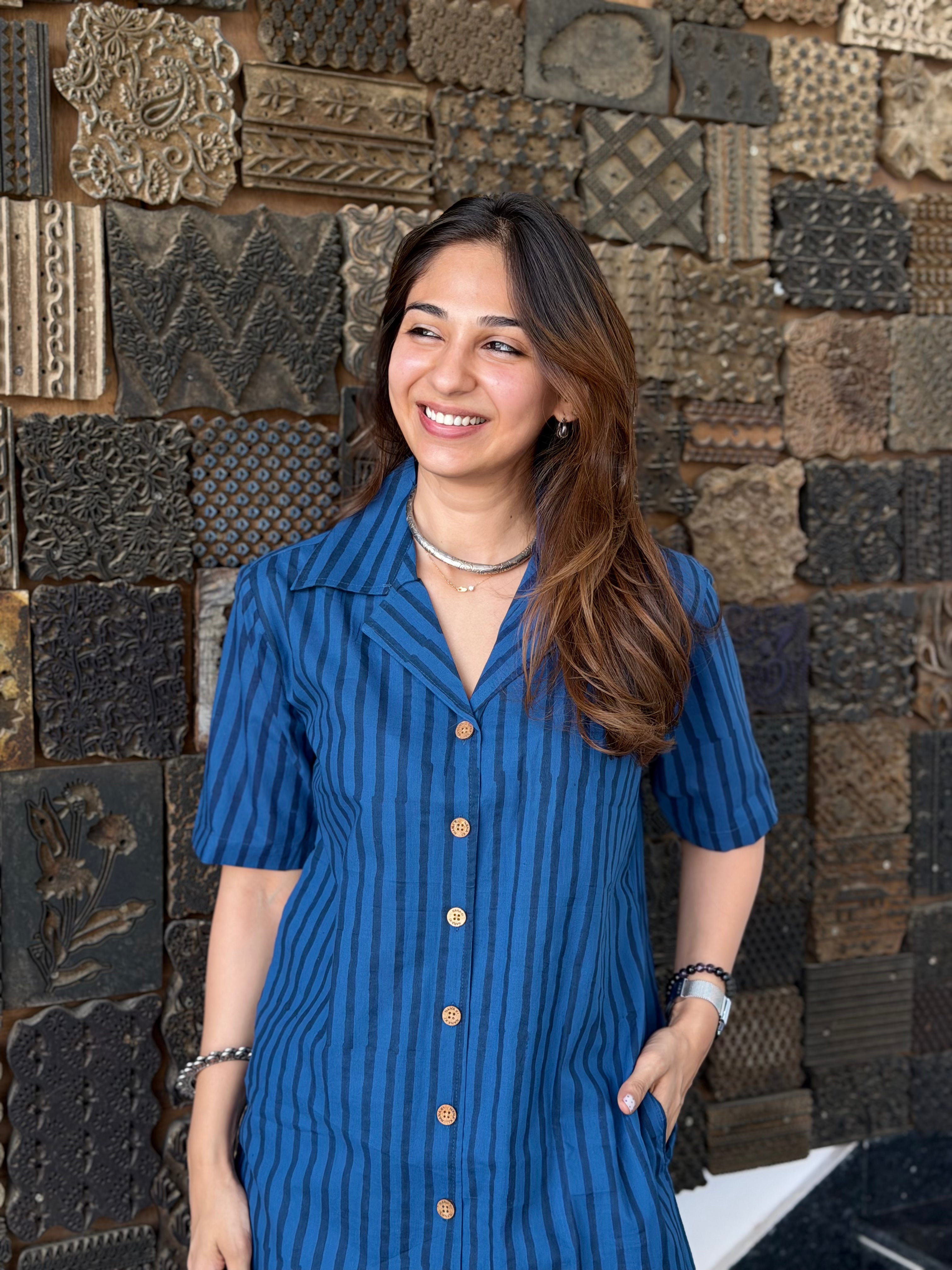 Indigo Jaipuri Stripe Handblock Cotton Shirt Kurti