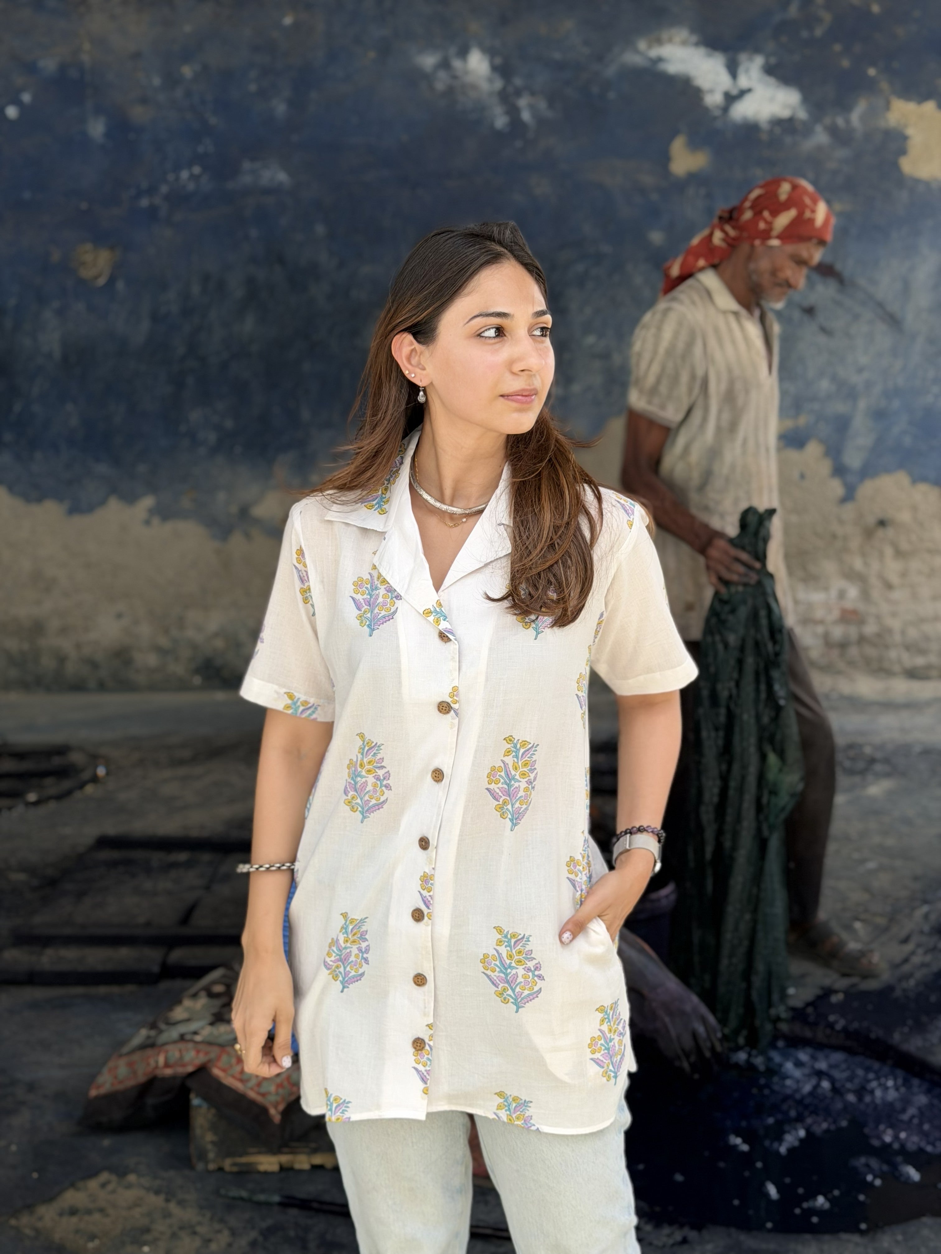 White Bagru Floral Handblock Cotton Shirt Kurti