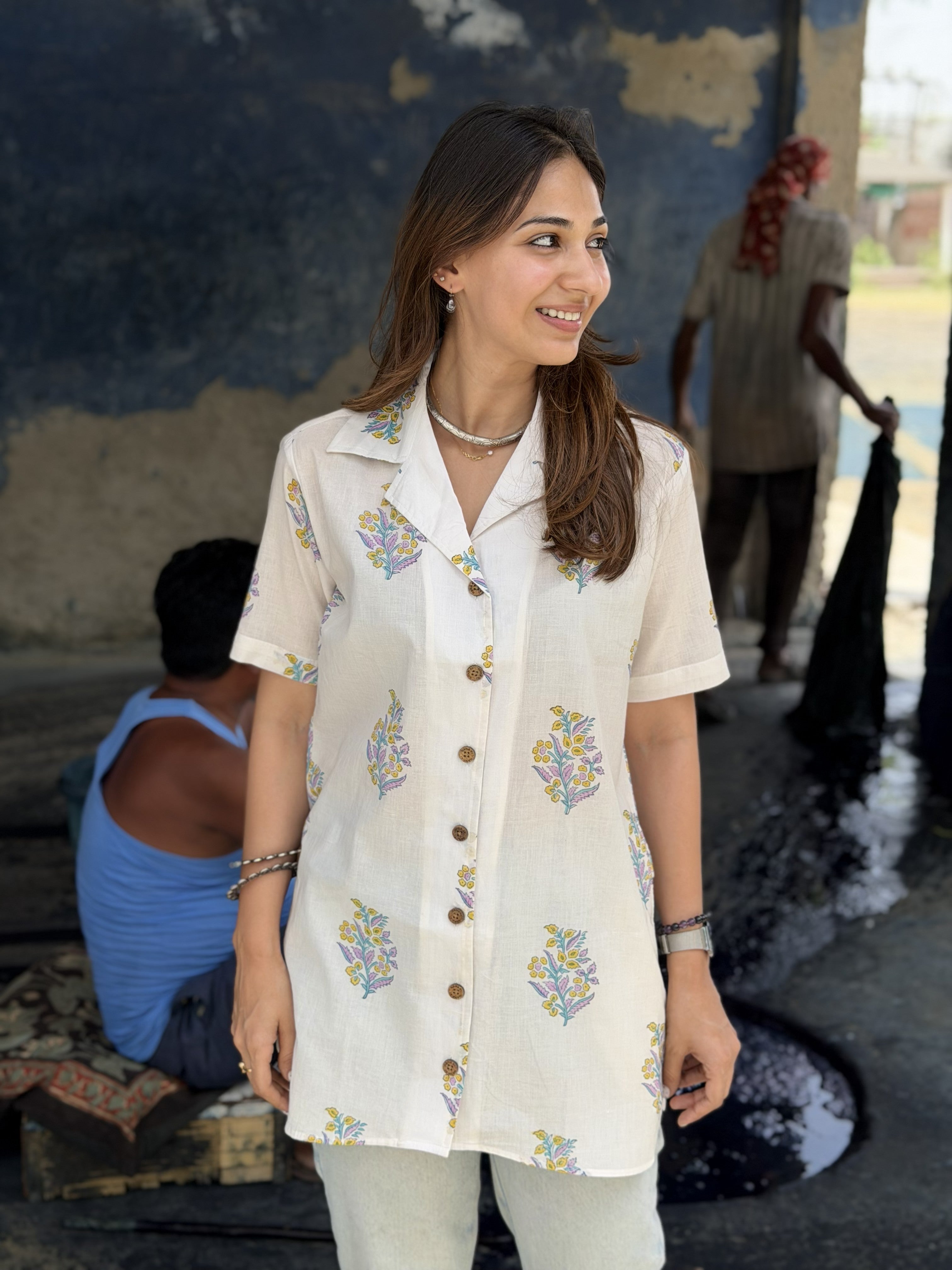 White Bagru Floral Handblock Cotton Shirt Kurti