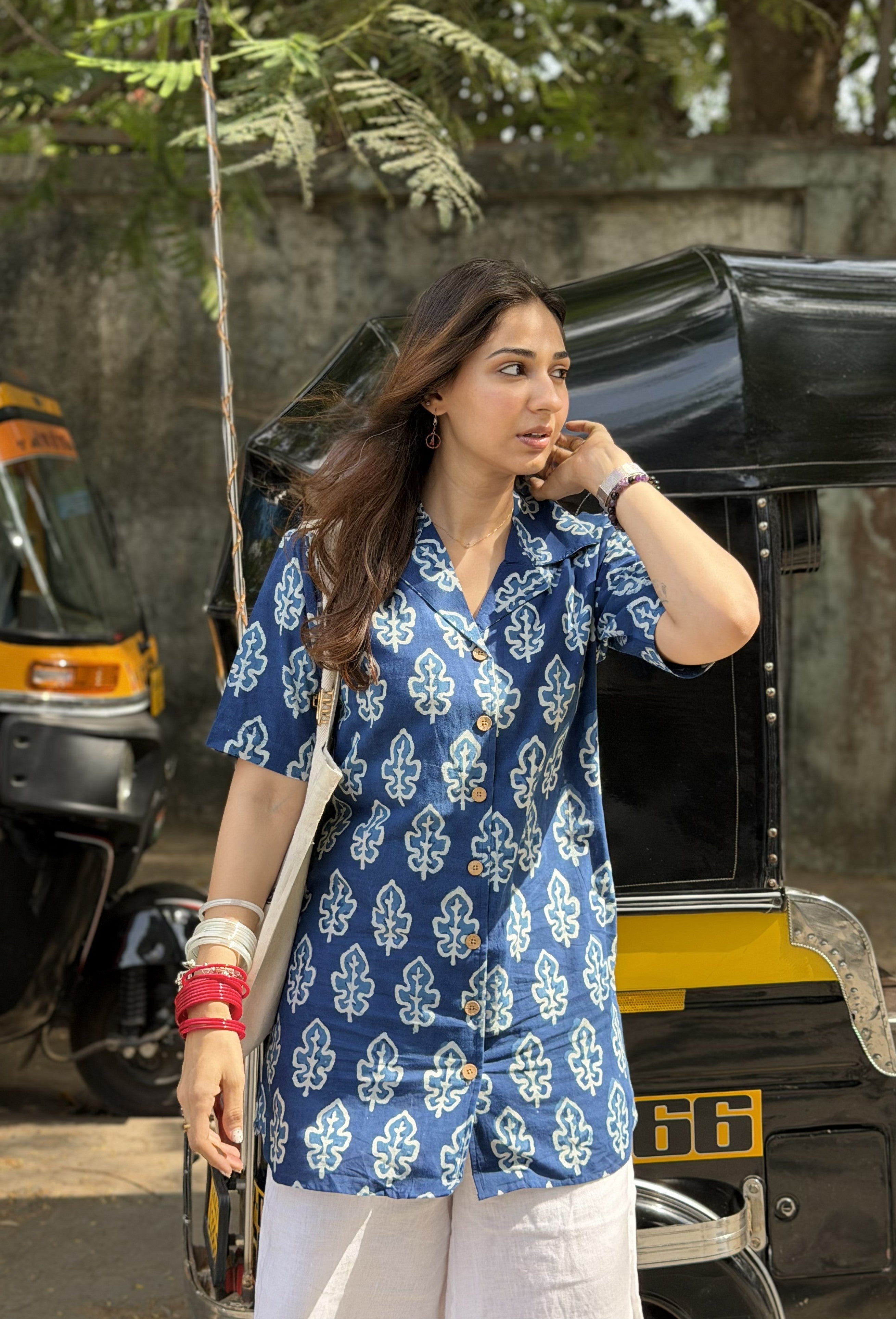 Navy Blue Leaf Handblock Cotton Shirt Kurti