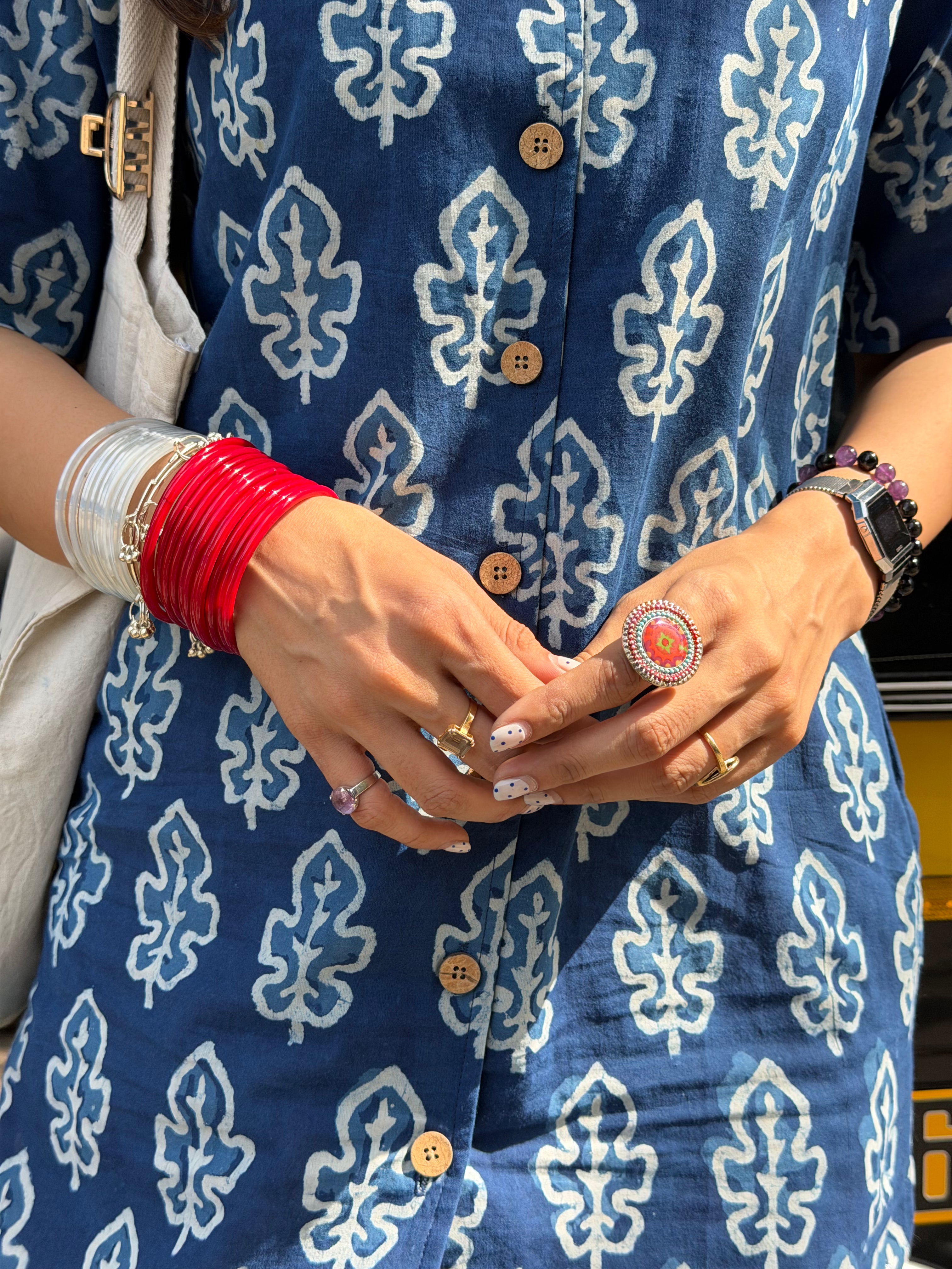 Navy Blue Leaf Handblock Cotton Shirt Kurti